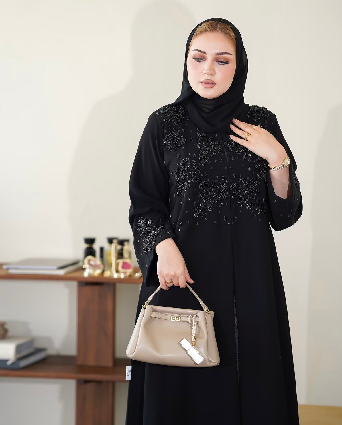 Black Floral Beaded Embellished Abaya - 0926127