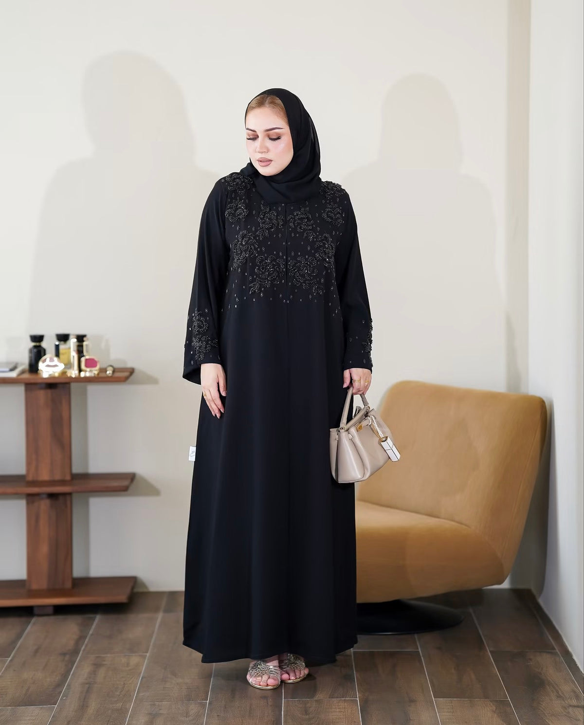 Black Floral Beaded Embellished Abaya - 0926127