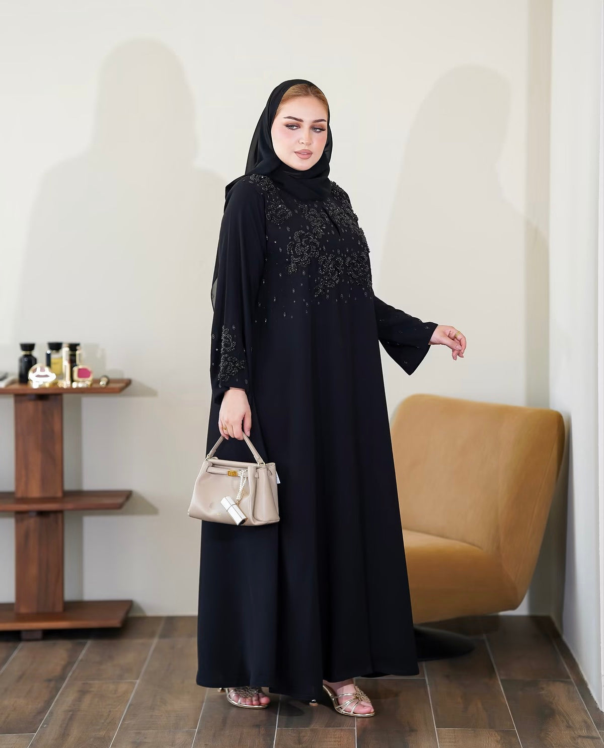 Black Floral Beaded Embellished Abaya - 0926127