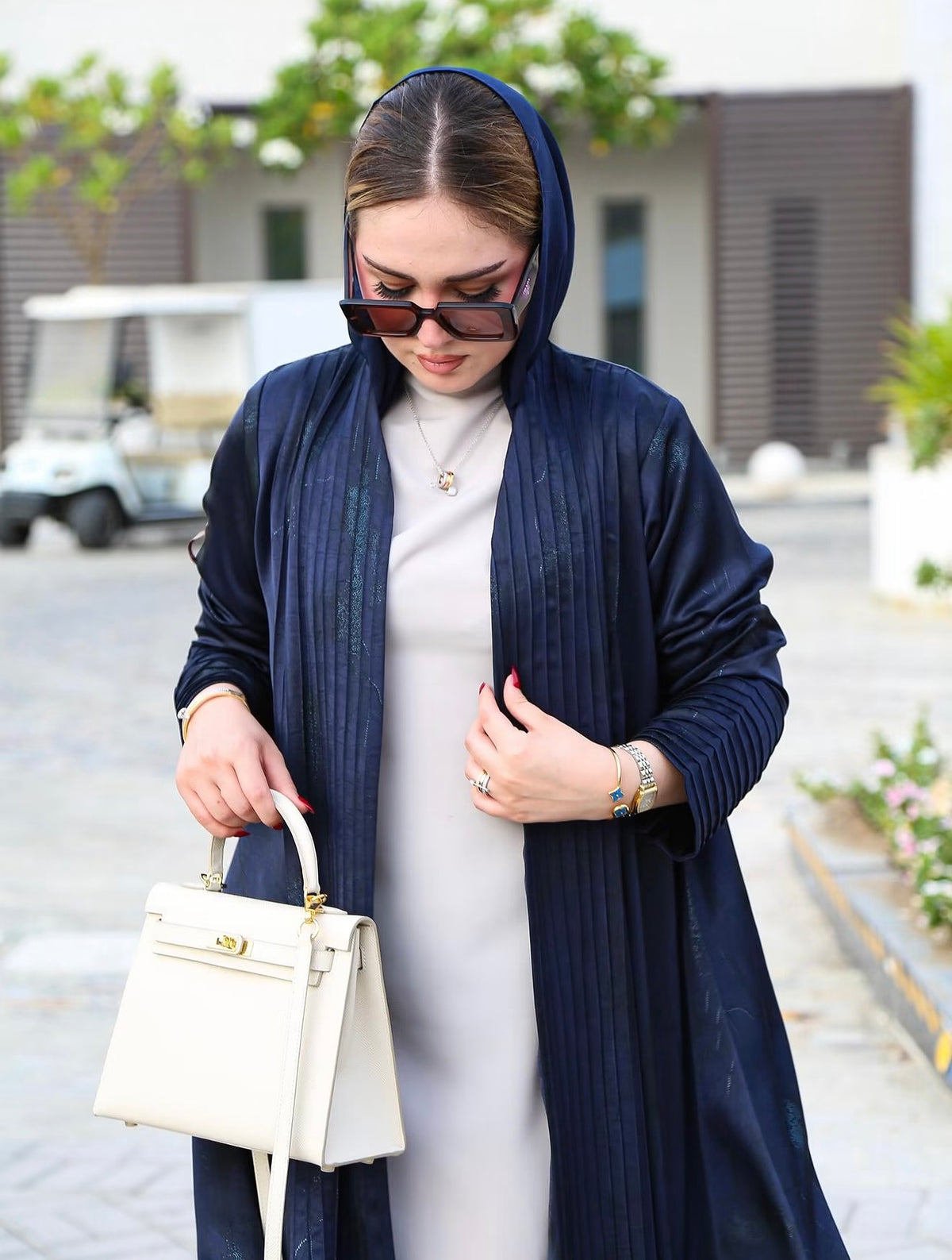 Navy Blue Pleated Textured Hooded Abaya - 0926136