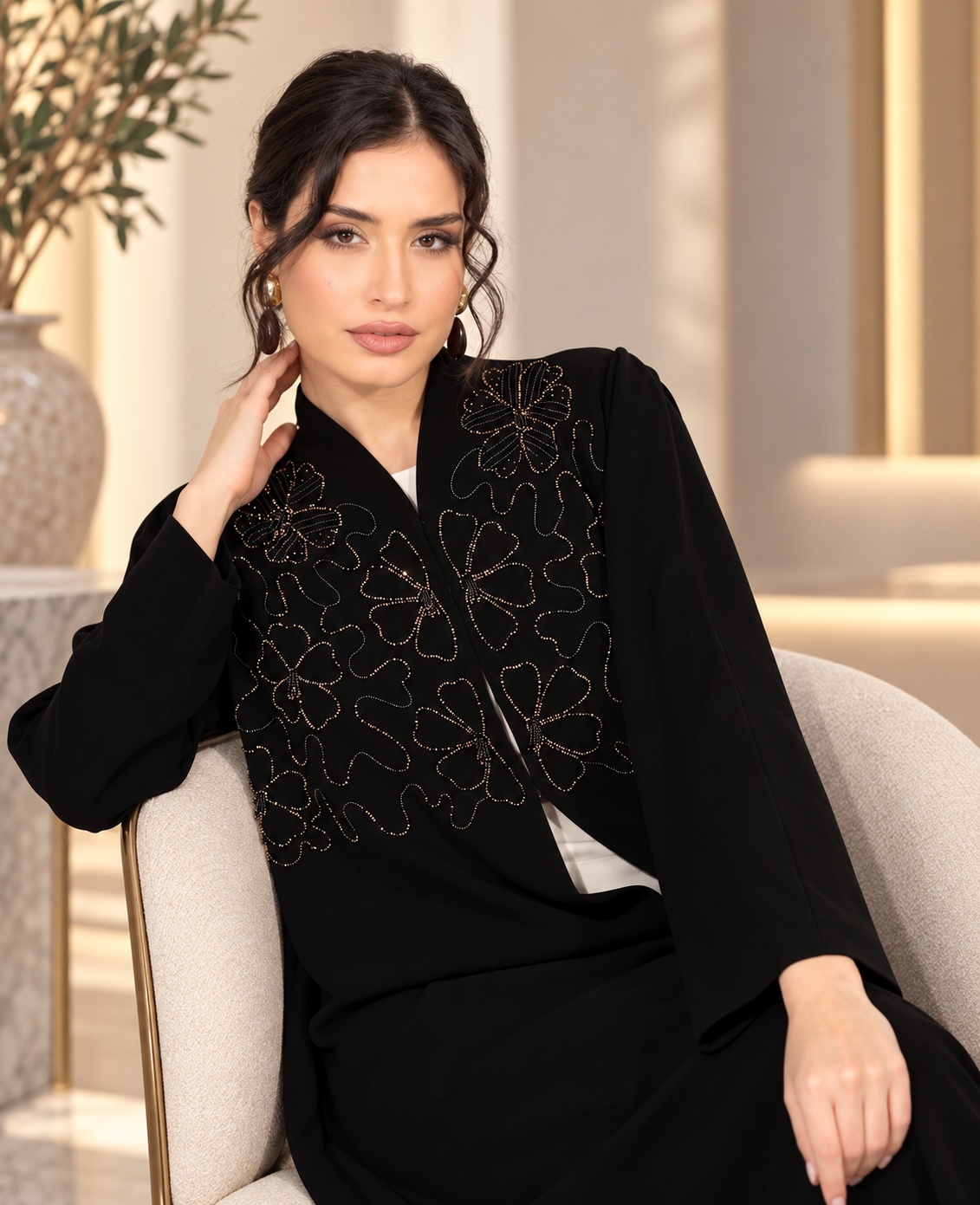Black Floral Embellished Abaya - 0926138