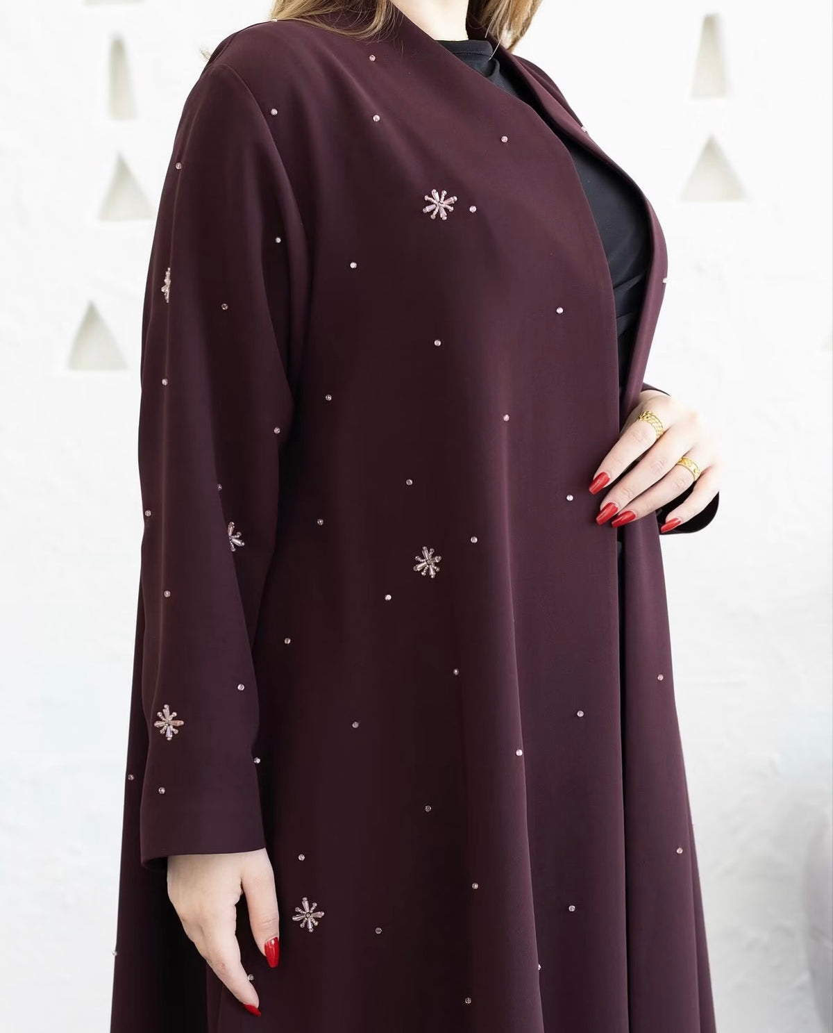 Burgundy Scattered Floral Embellished Abaya - 0926139