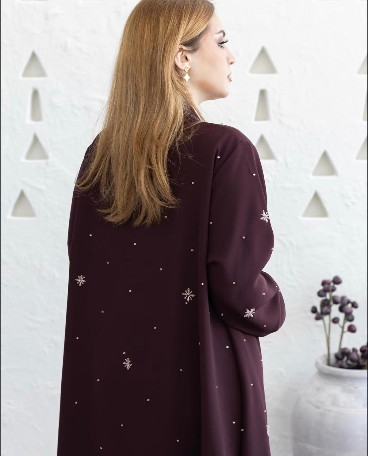 Burgundy Scattered Floral Embellished Abaya - 0926139