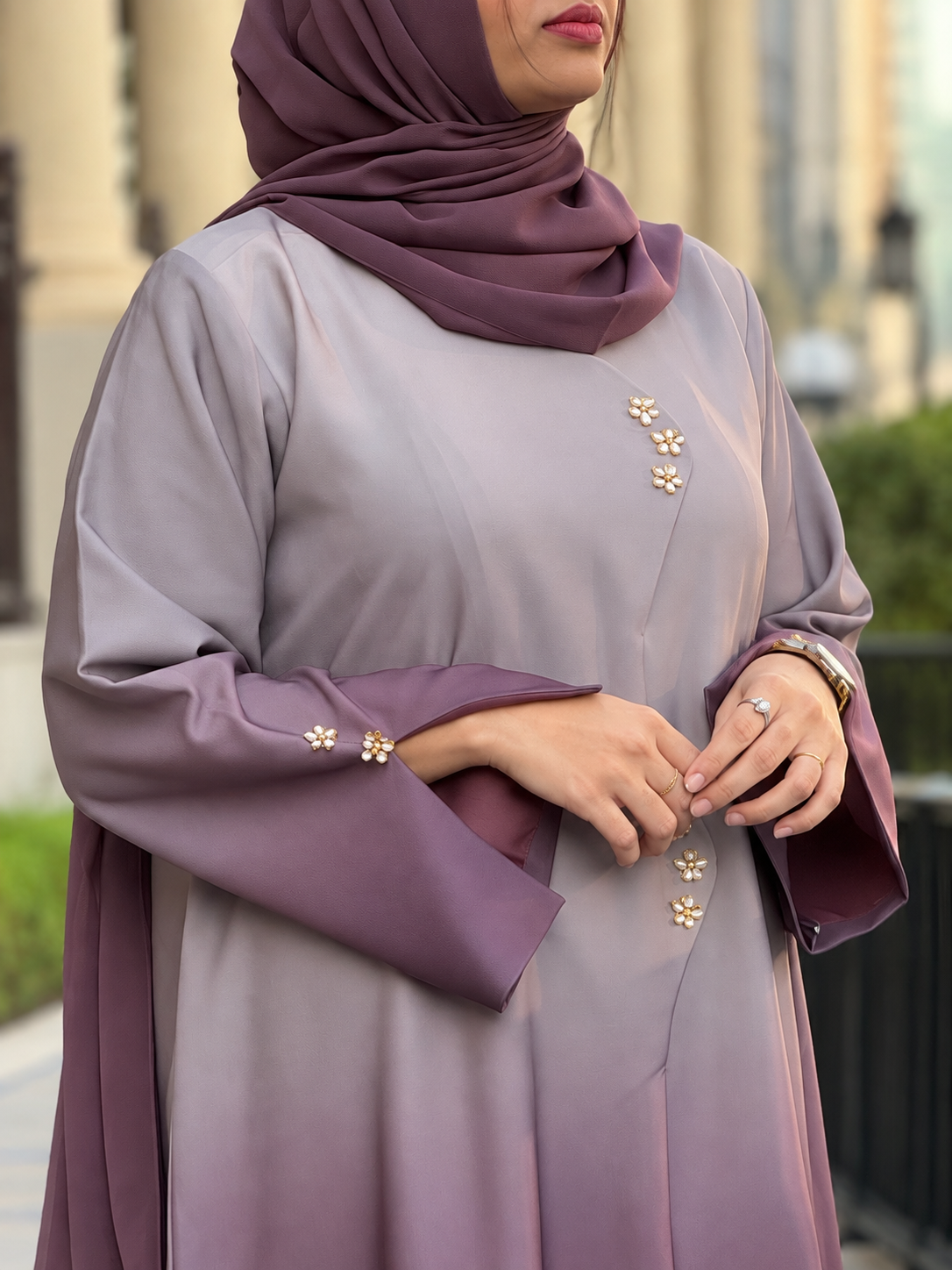 Lavender & Mauve Floral Brooch Abaya Set - 0926140