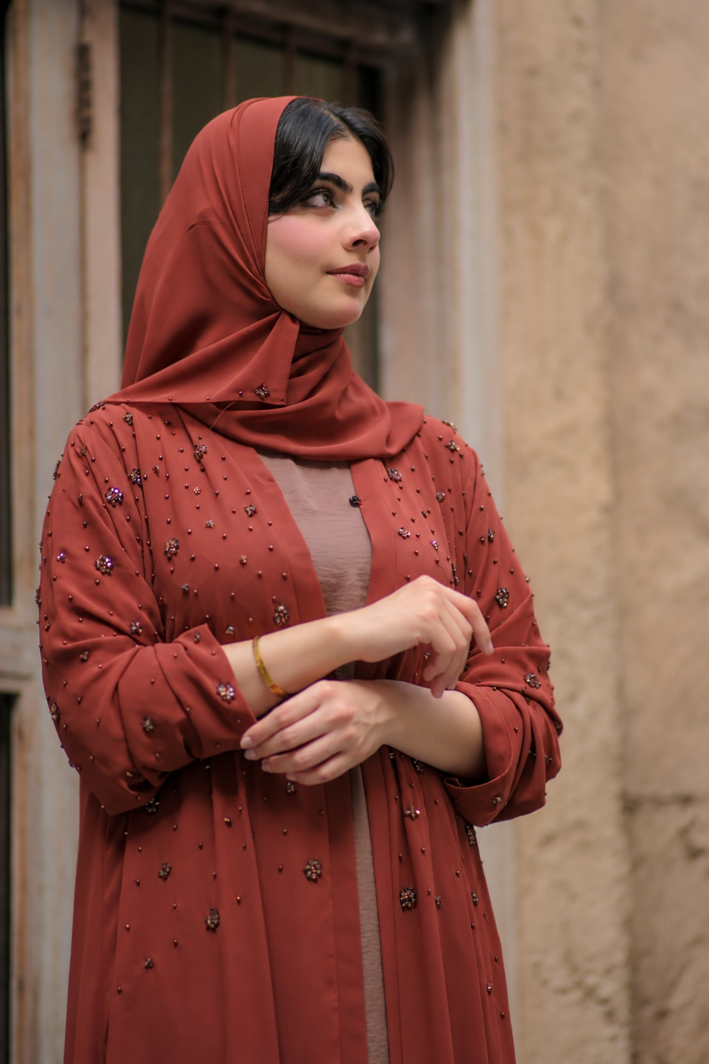 Terracotta Rust Beaded Floral Open Abaya Set 0926142