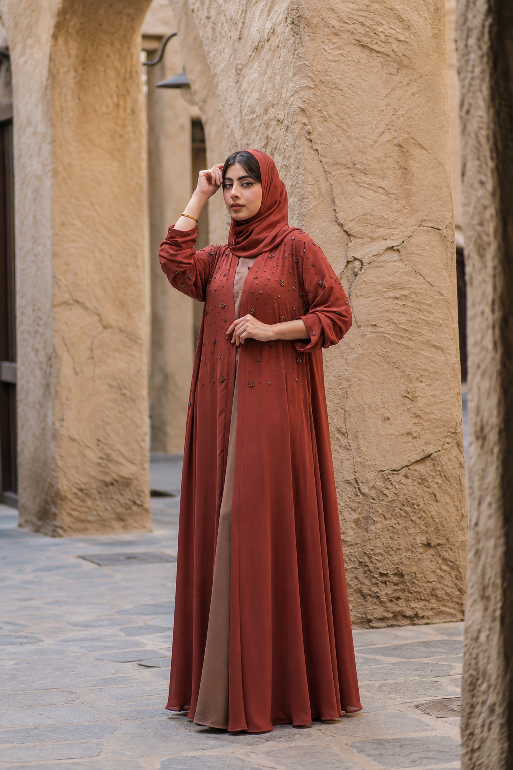 Terracotta Rust Beaded Floral Open Abaya Set 0926142