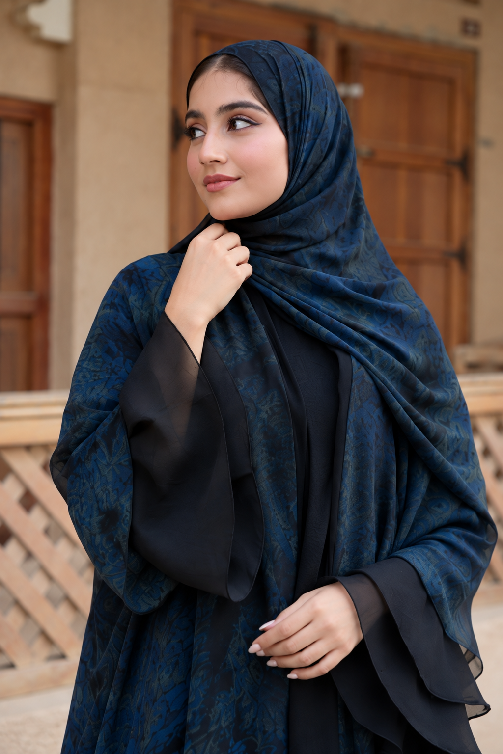 Midnight Blue Floral Layered Abaya Set - 0926160