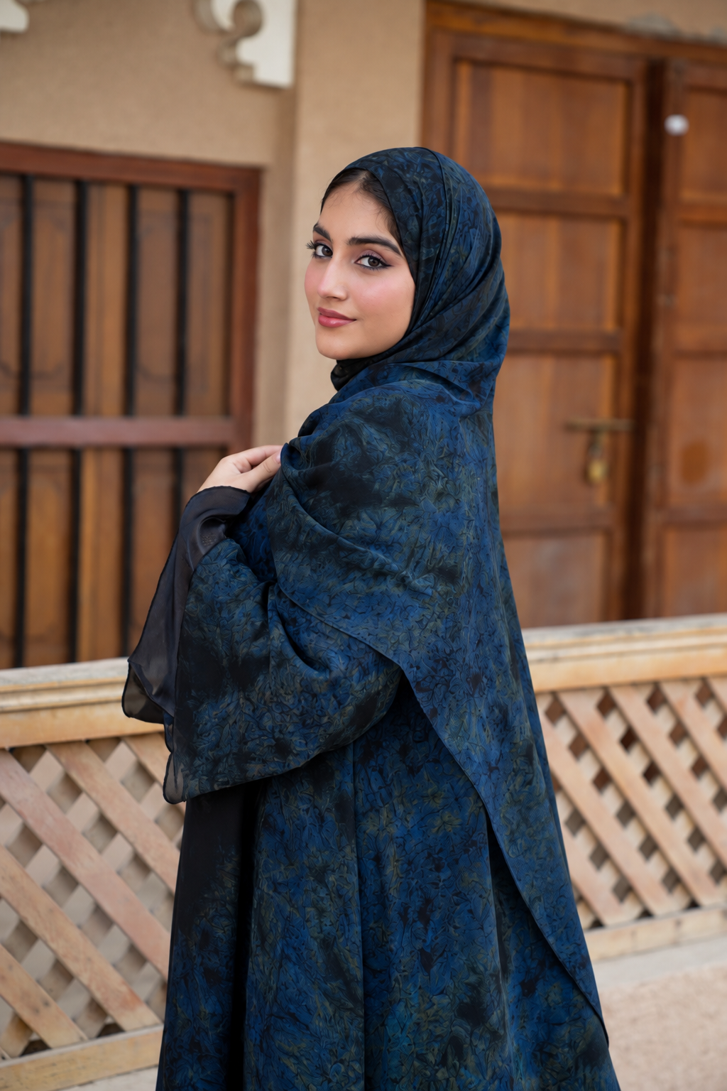 Midnight Blue Floral Layered Abaya Set - 0926160