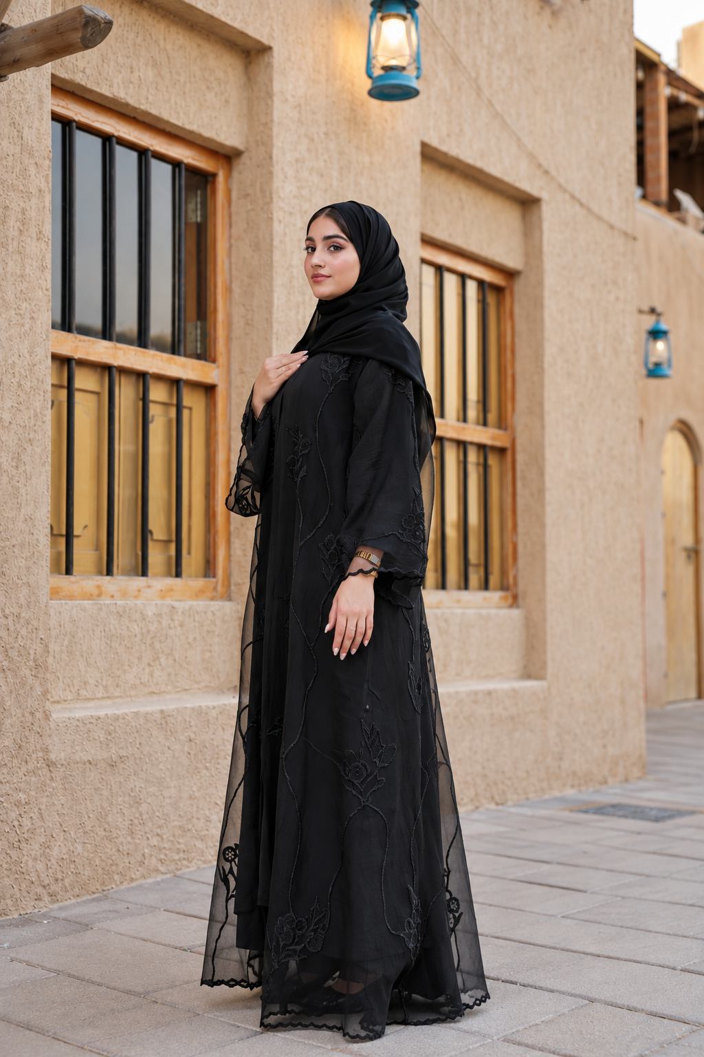 Midnight Black Floral Embroidered Abaya Set - 0926161