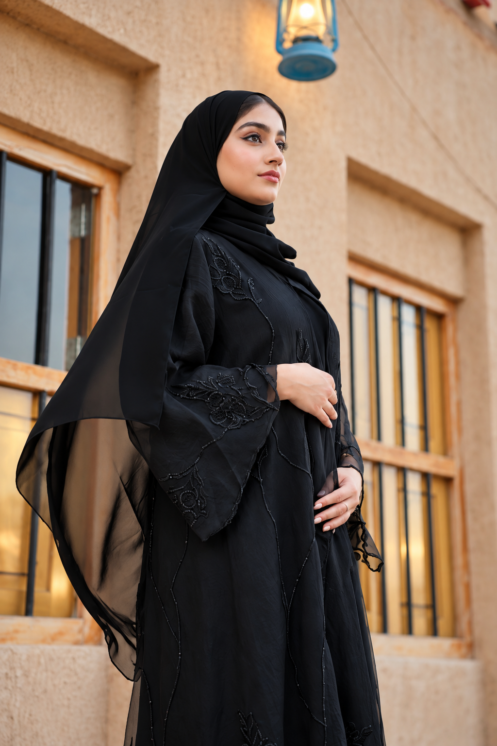 Midnight Black Floral Embroidered Abaya Set - 0926161
