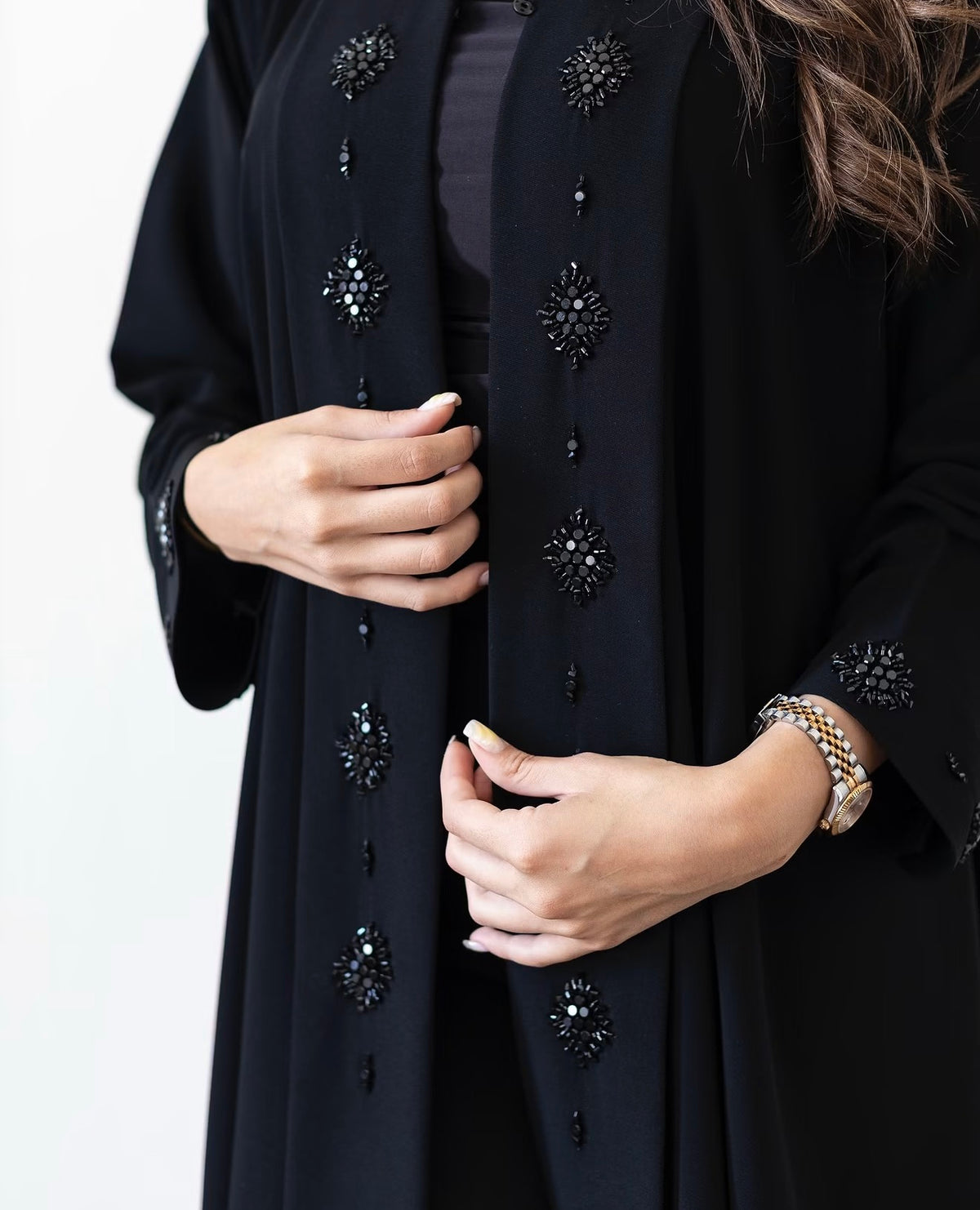 Black Floral Beaded Open Abaya -0926145