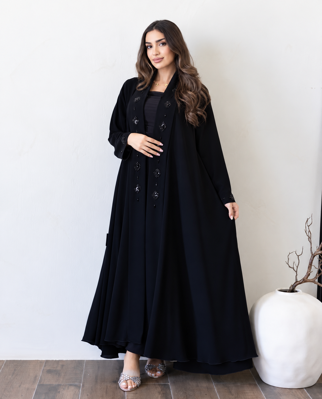 Black Floral Beaded Open Abaya -0926145