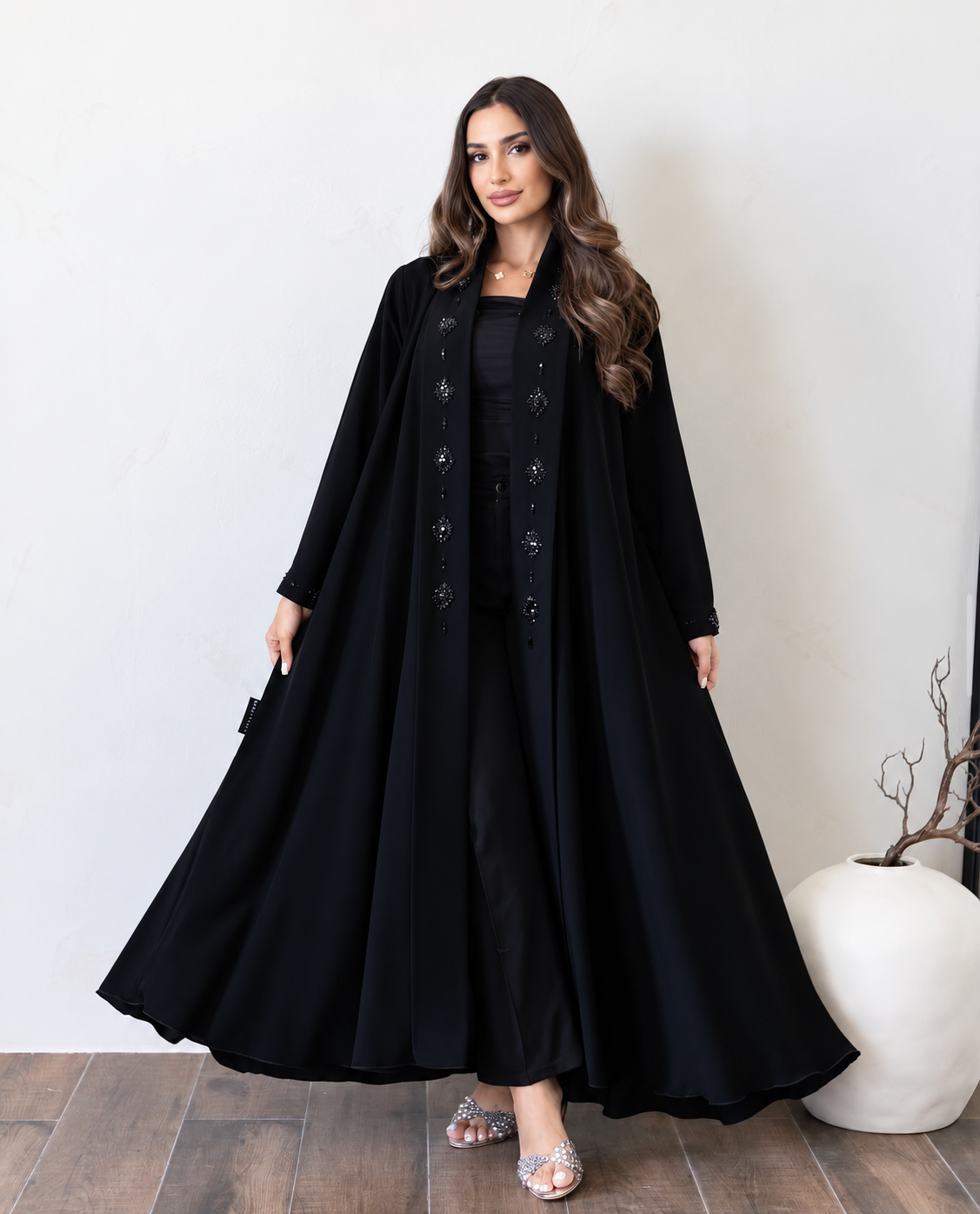 Black Floral Beaded Open Abaya -0926145