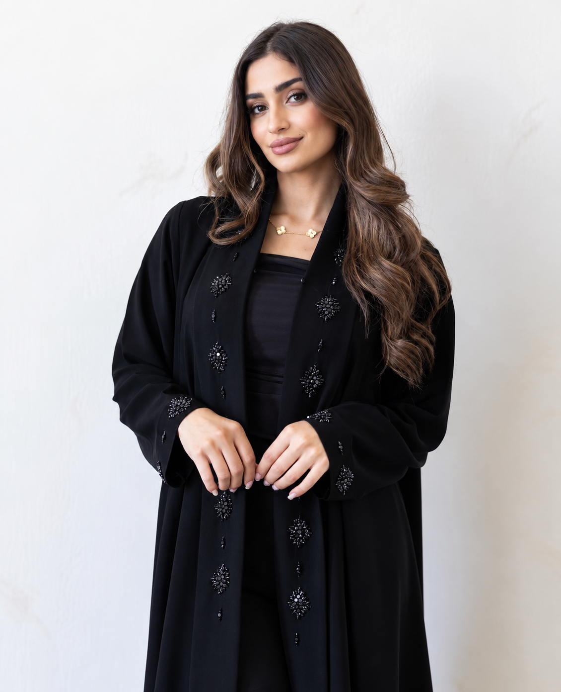 Black Floral Beaded Open Abaya -0926145