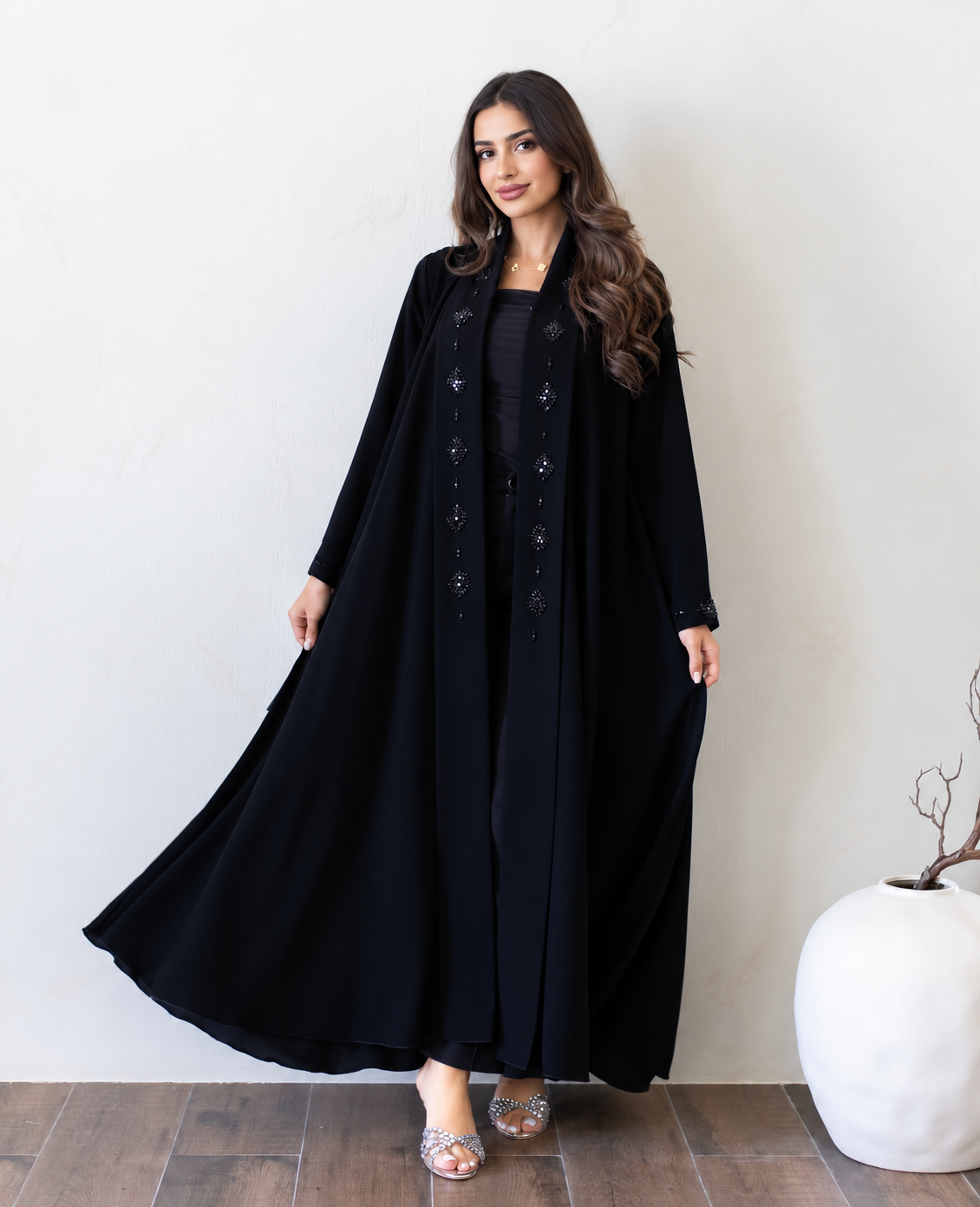 Black Floral Beaded Open Abaya -0926145