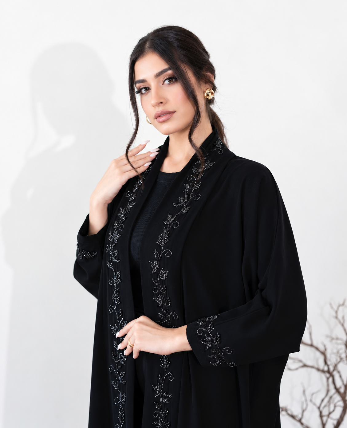 Black Floral Embroidered Open Abaya - 0926146