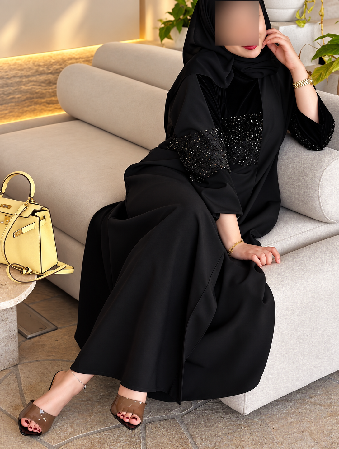 Black Beaded Sleeve Embellished Abaya - 0926147