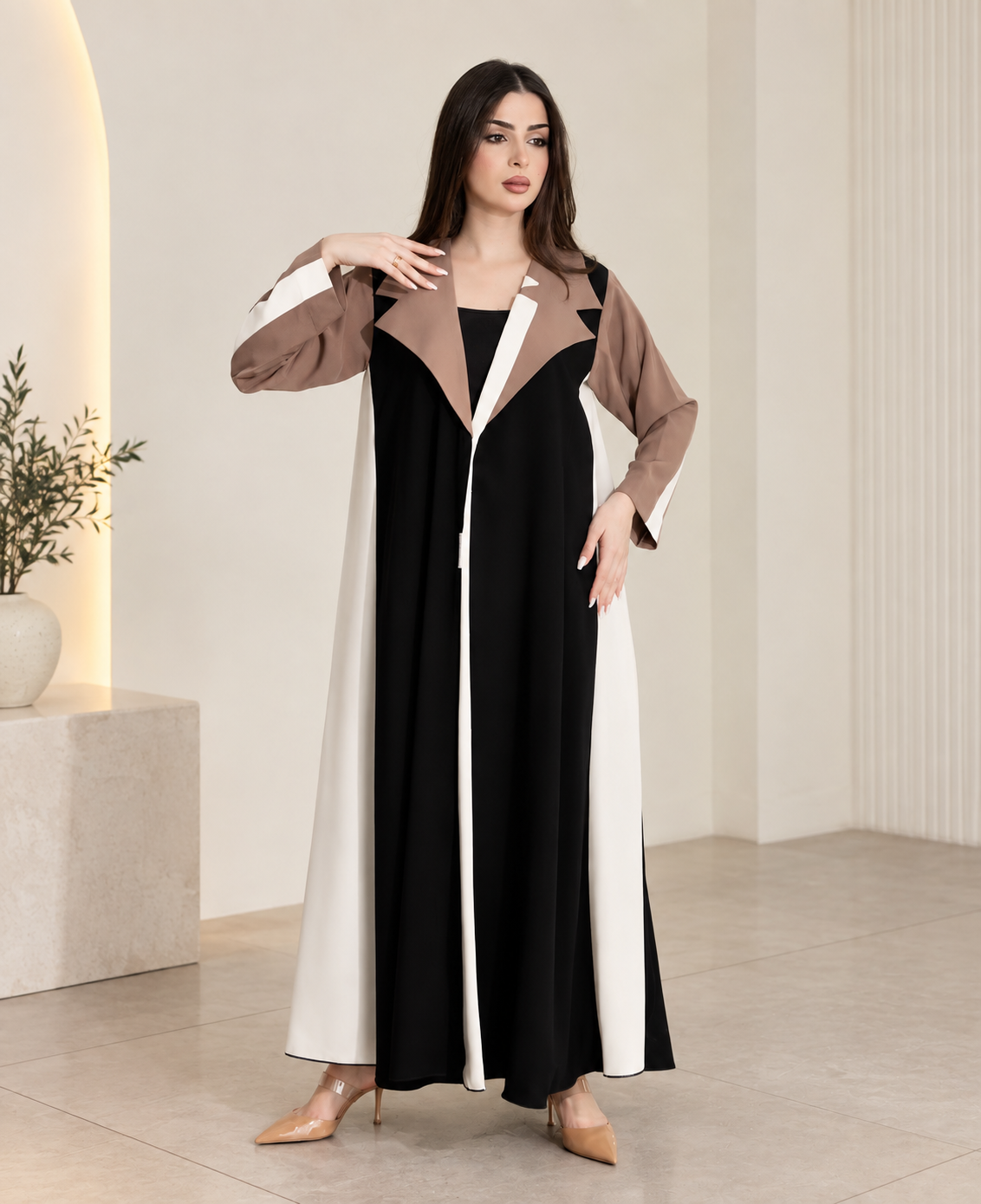 Black, Taupe & Ivory Color-Block Abaya - 0926149