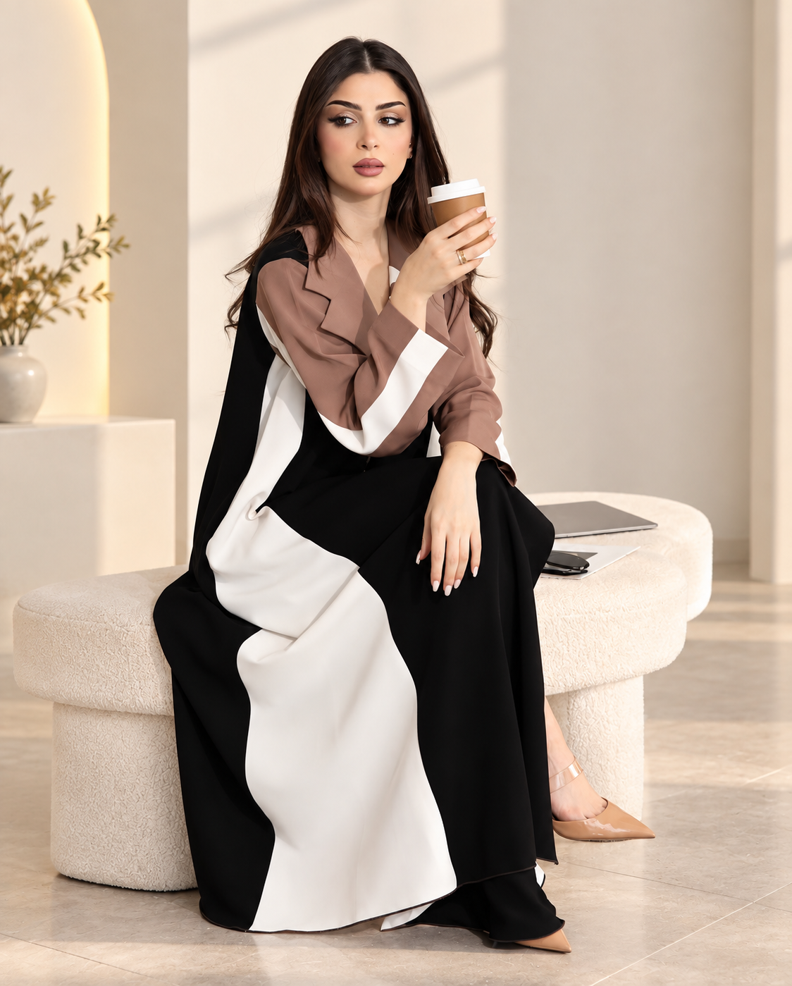 Black, Taupe & Ivory Color-Block Abaya - 0926149