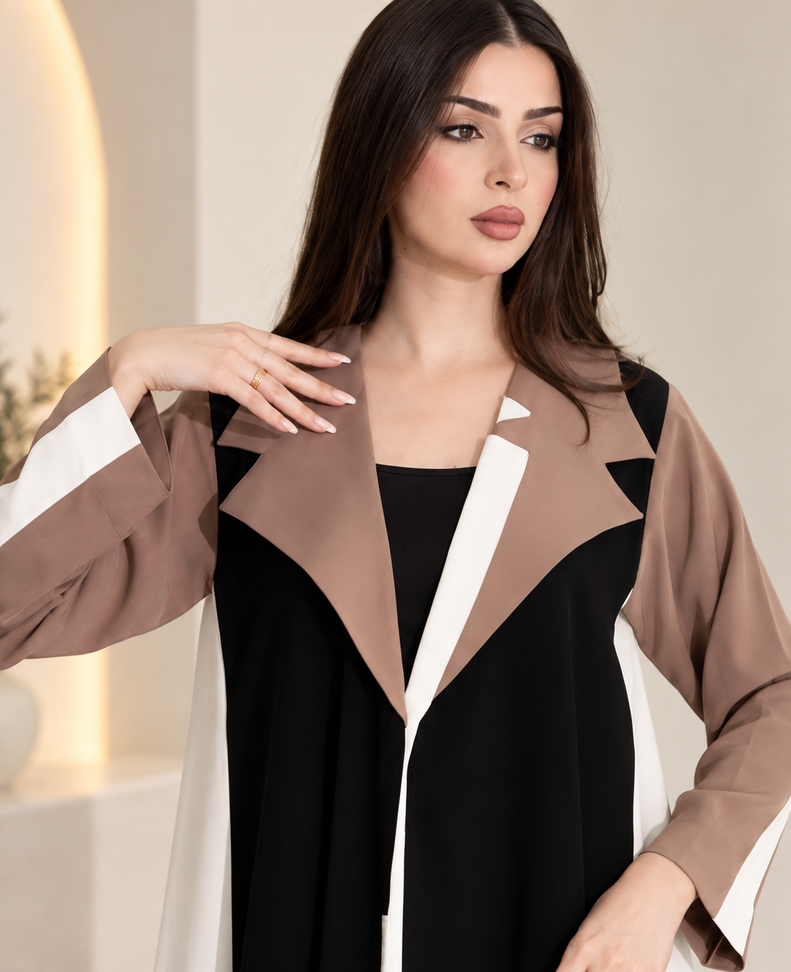 Black, Taupe & Ivory Color-Block Abaya - 0926149