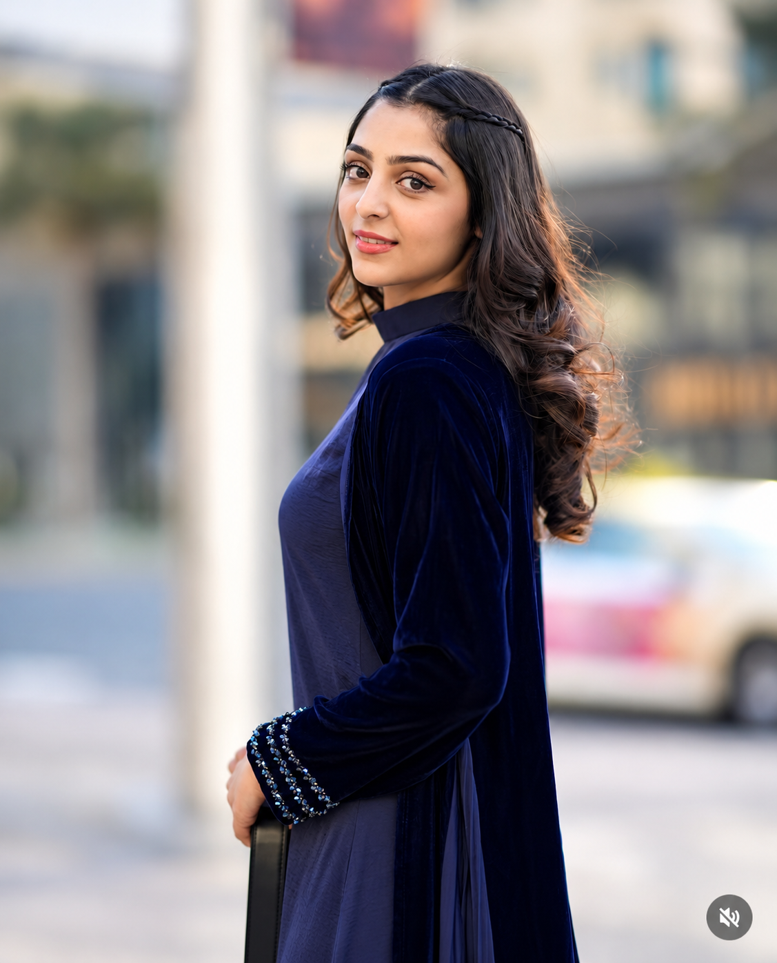Midnight Navy Velvet Pleated Abaya Set - 0926151