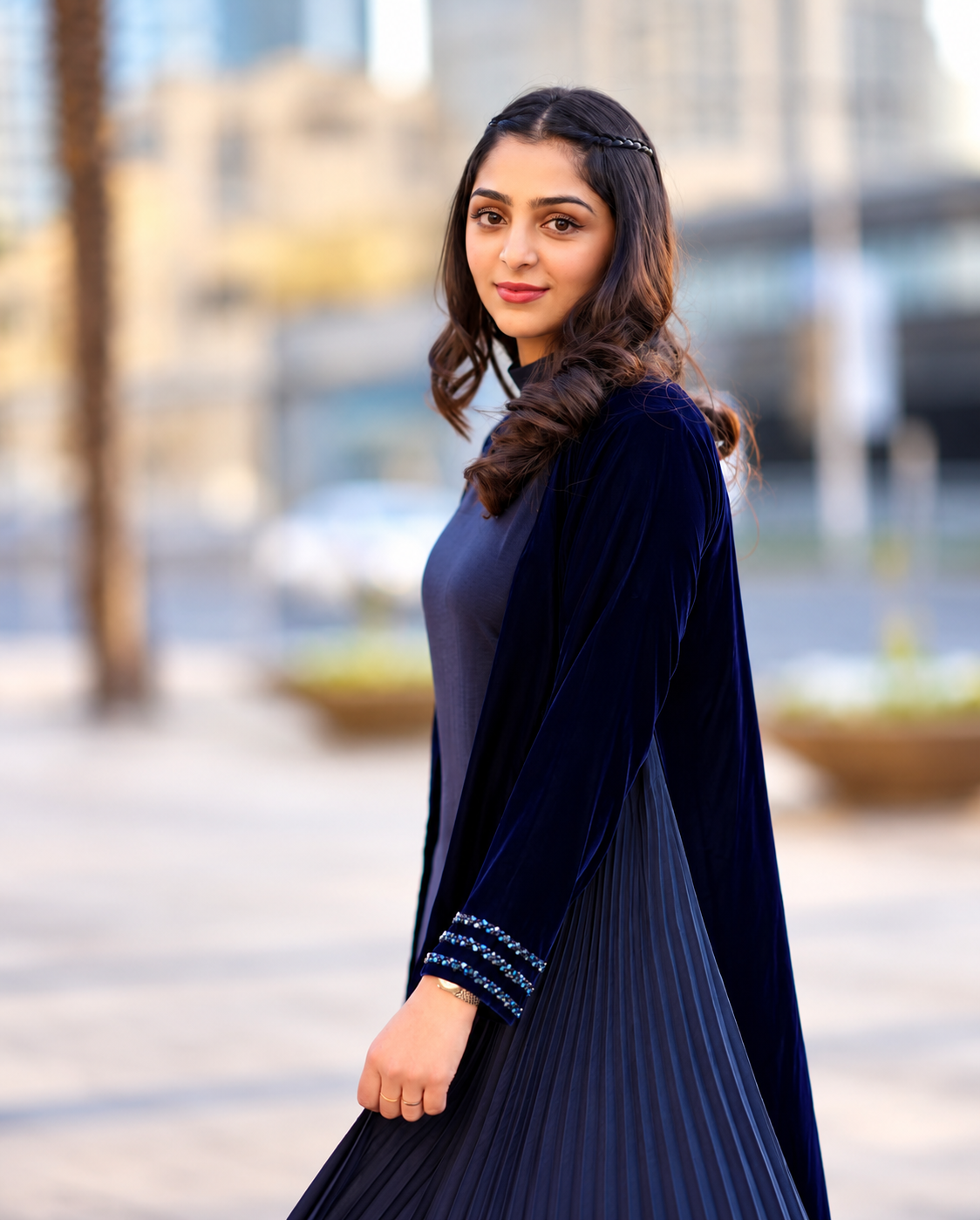 Midnight Navy Velvet Pleated Abaya Set - 0926151
