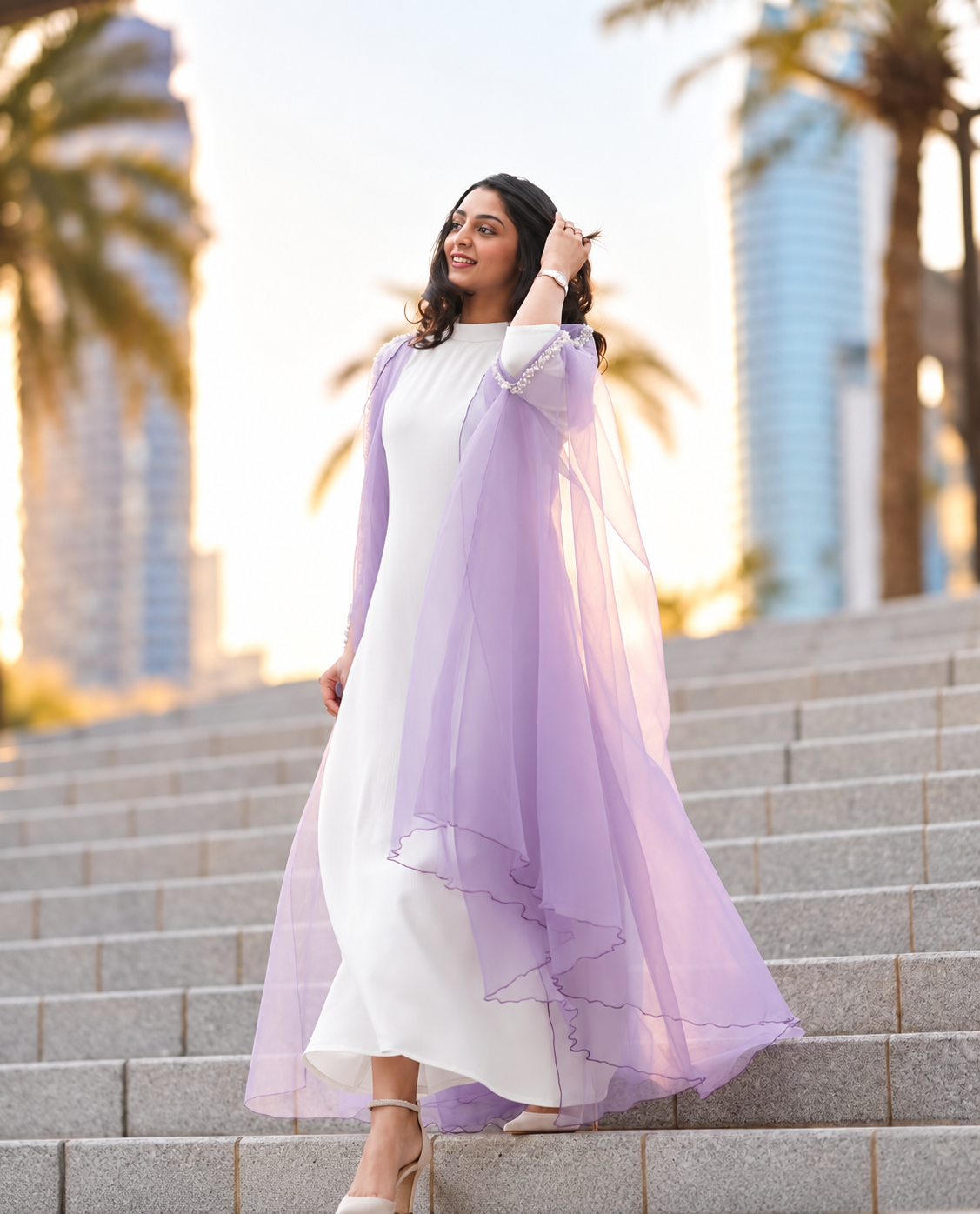 Lavender bubble organza Cape Abaya Set - 0926152