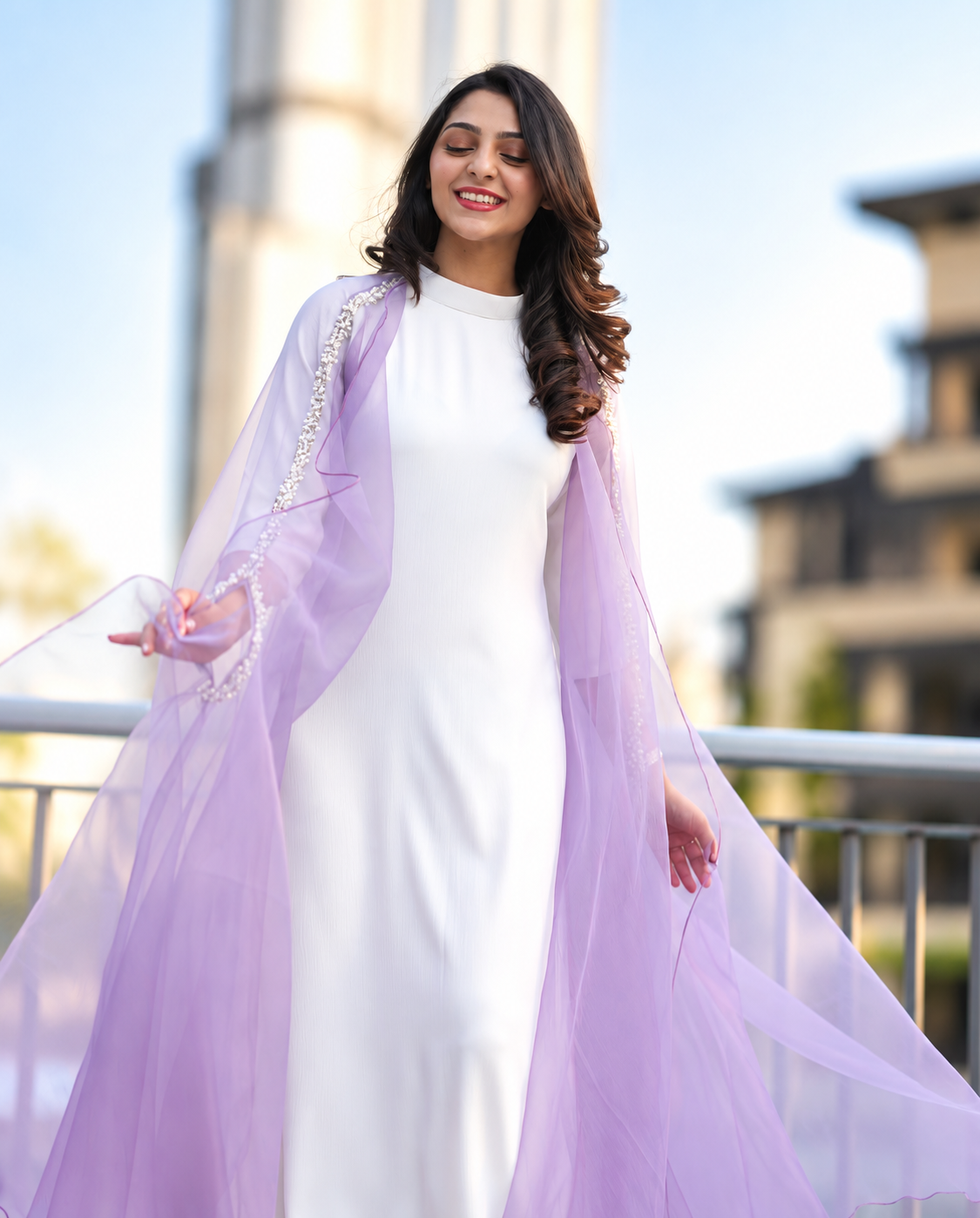 Lavender bubble organza Cape Abaya Set - 0926152