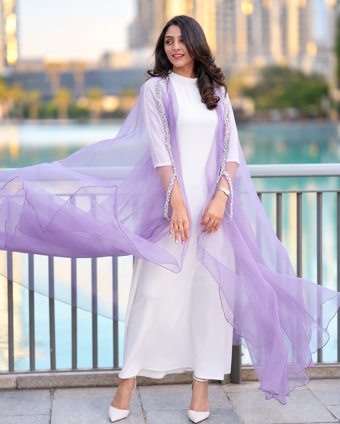 Lavender bubble organza Cape Abaya Set - 0926152