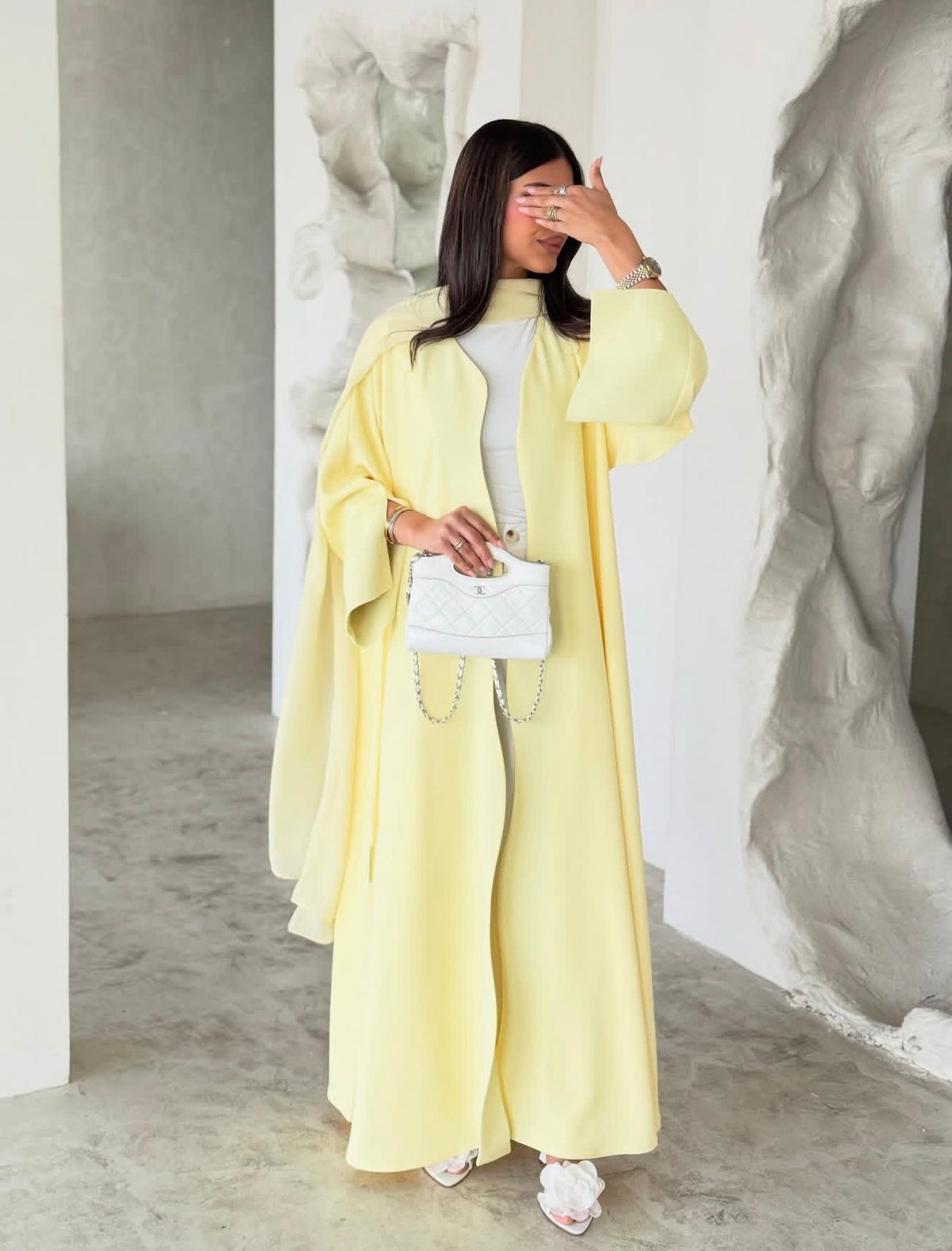 Lemon Yellow Flowing Cape Abaya Set - 0926154