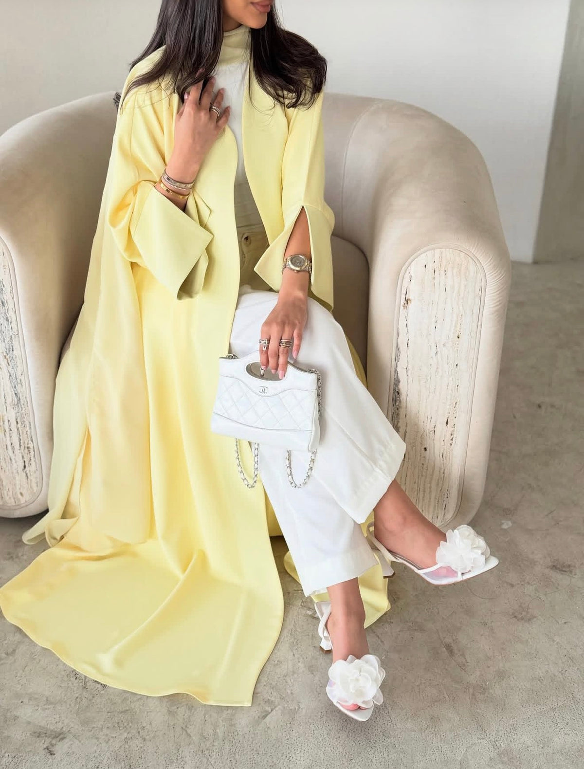 Lemon Yellow Flowing Cape Abaya Set - 0926154