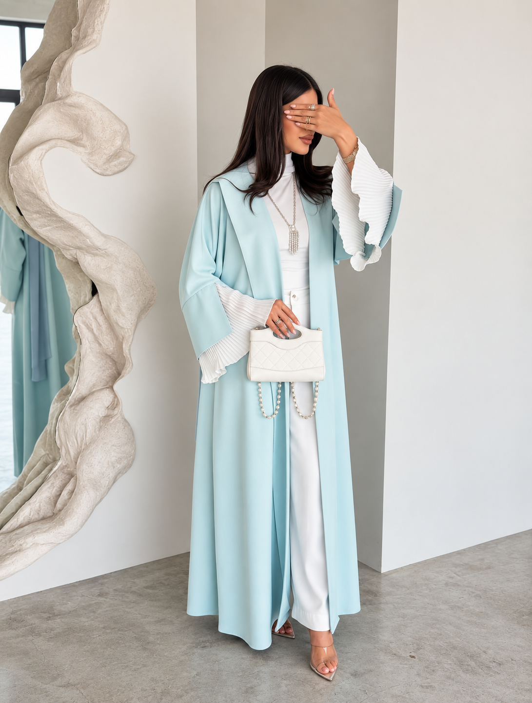 Ice Blue Pleated Sleeve Abaya Set- 09261556