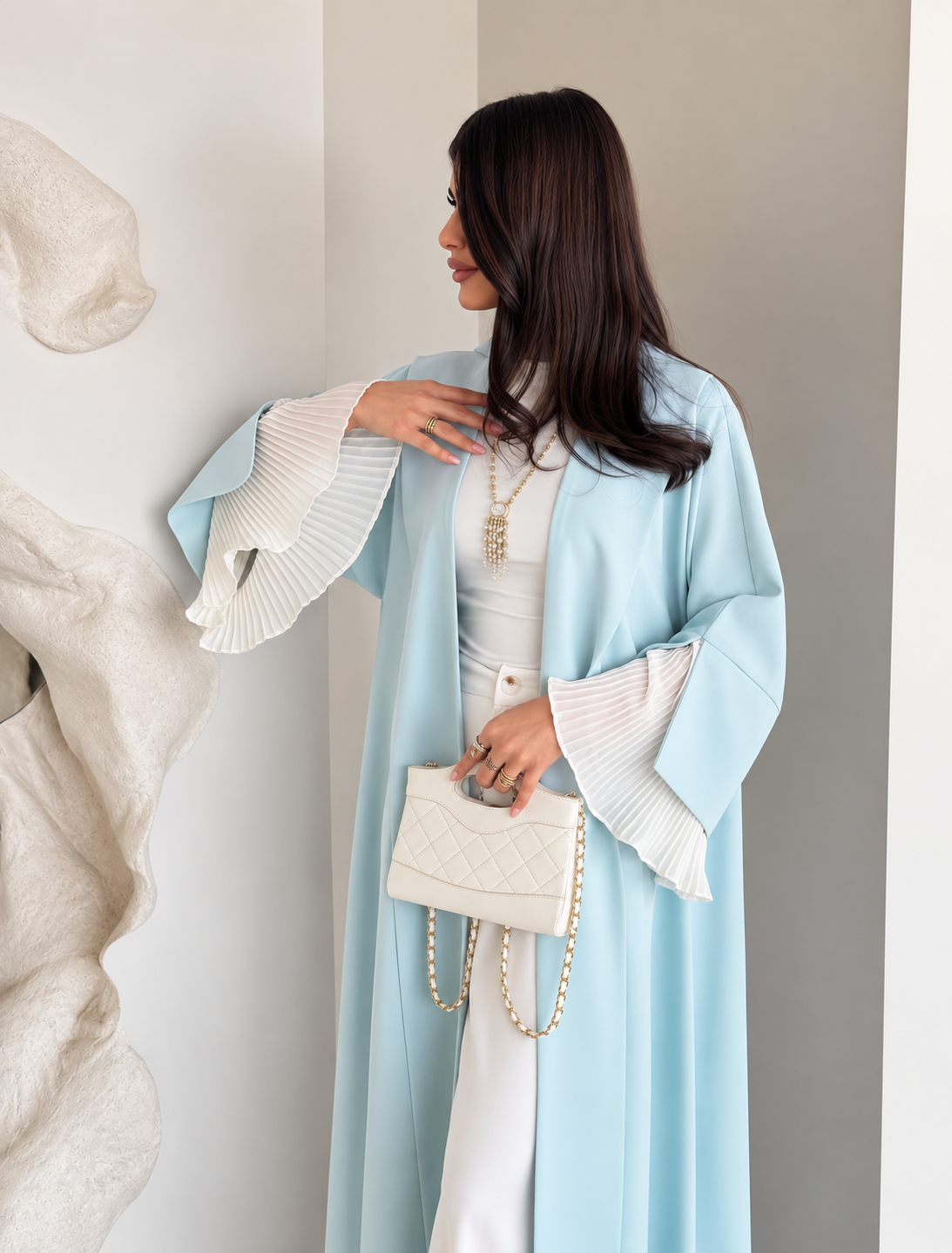 Ice Blue Pleated Sleeve Abaya Set- 09261556