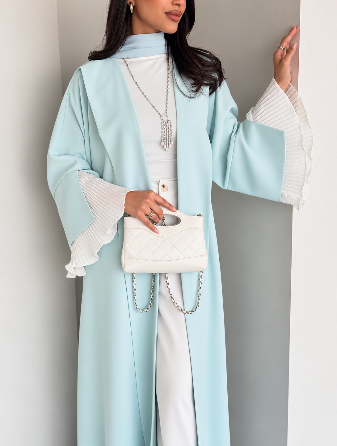 Ice Blue Pleated Sleeve Abaya Set- 09261556