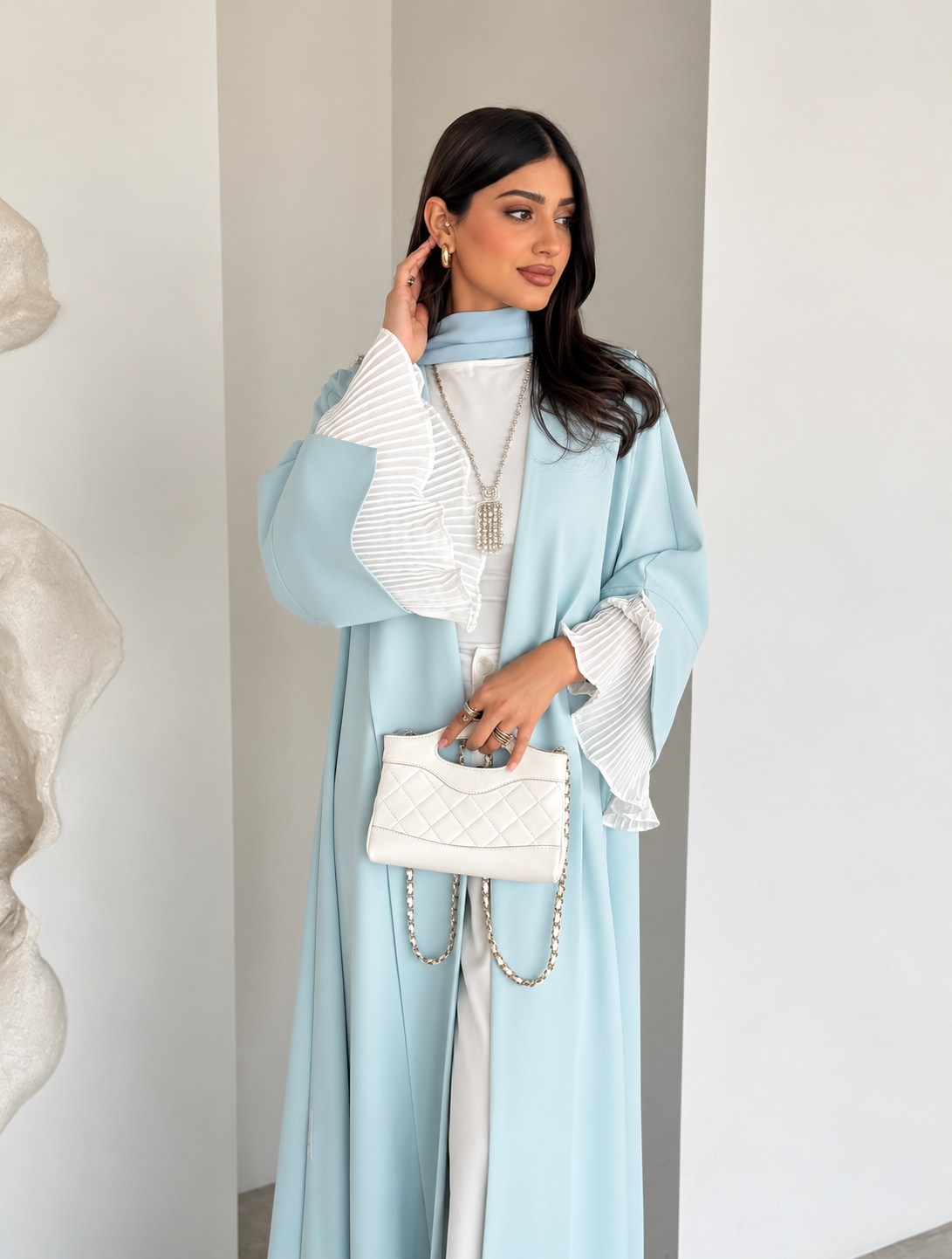 Ice Blue Pleated Sleeve Abaya Set- 09261556