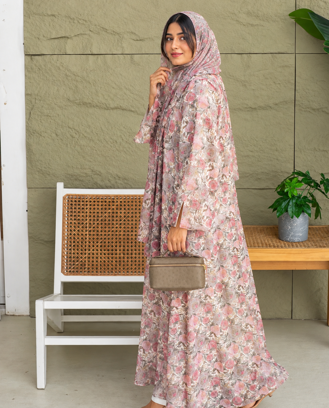 Floral Printed Abaya Set - 0926157