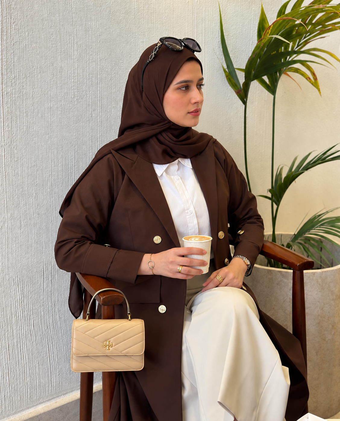Chocolate Brown Double-Breasted Trench Style Abaya with Hijab - 0926162