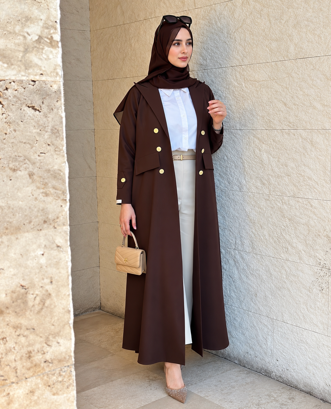 Chocolate Brown Double-Breasted Trench Style Abaya with Hijab - 0926162