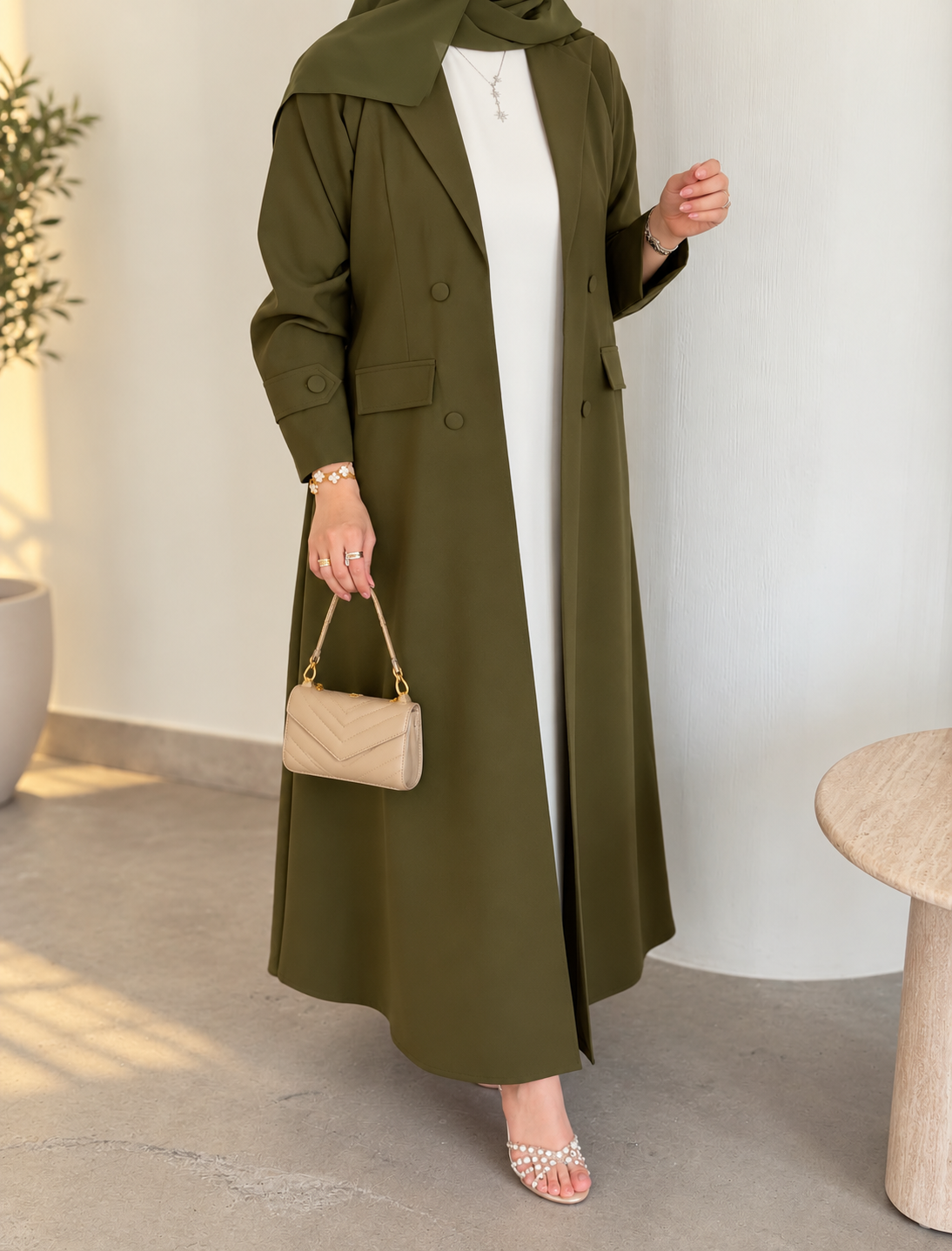 Olive Green Abaya with Matching Hijab - 0926163