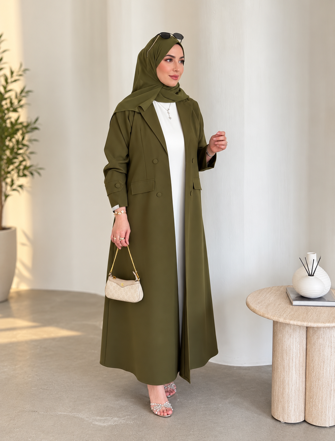 Olive Green Abaya with Matching Hijab - 0926163