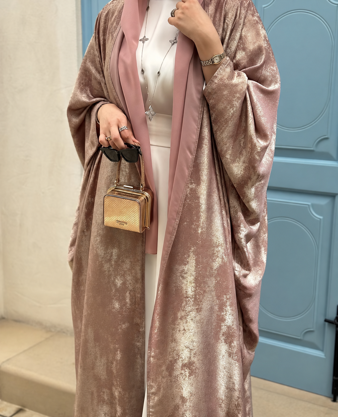 Rose Gold Turkish Silk Abaya Set - 0926164