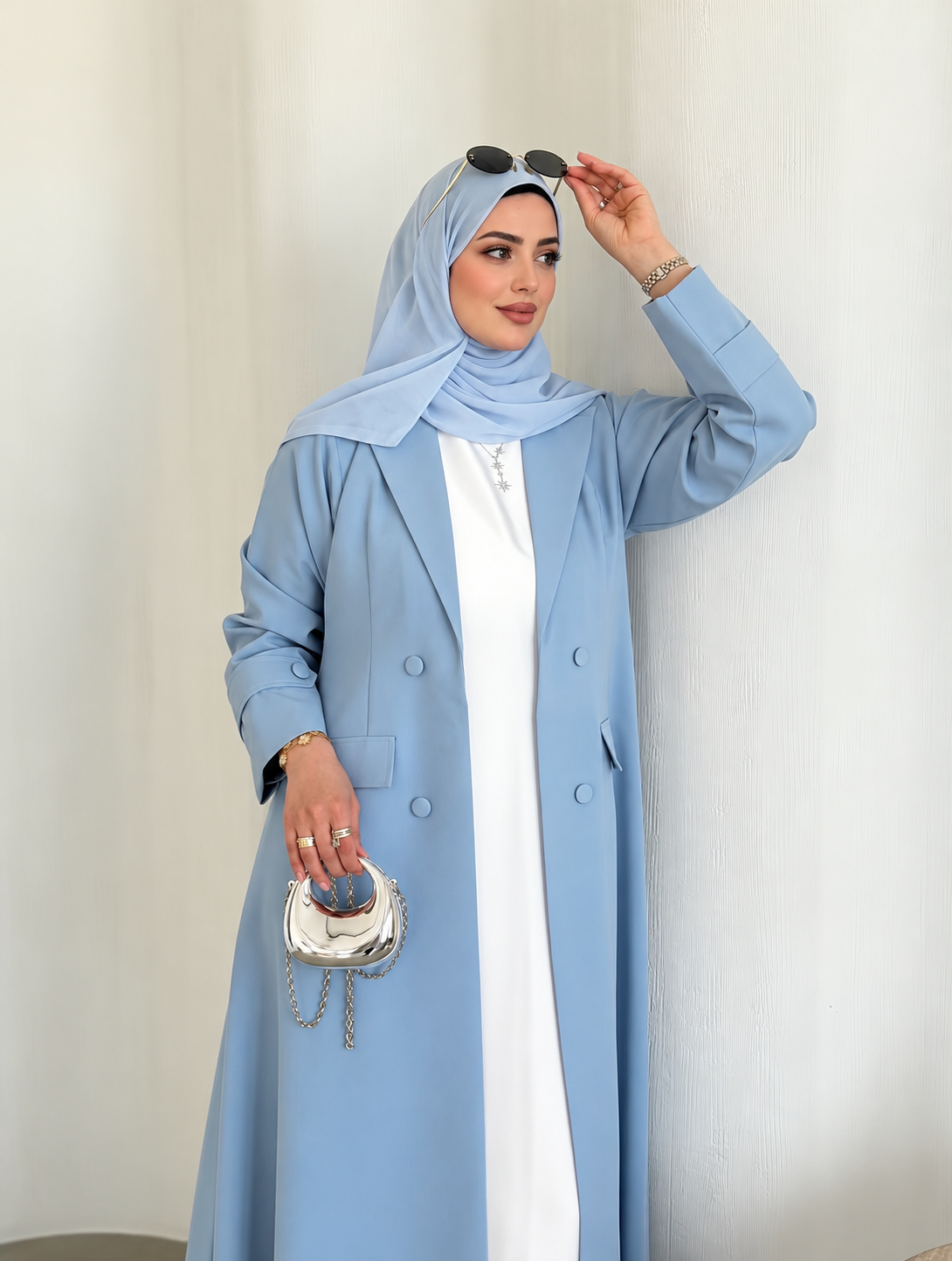Powder Blue Crepe Abaya Set - 0926165