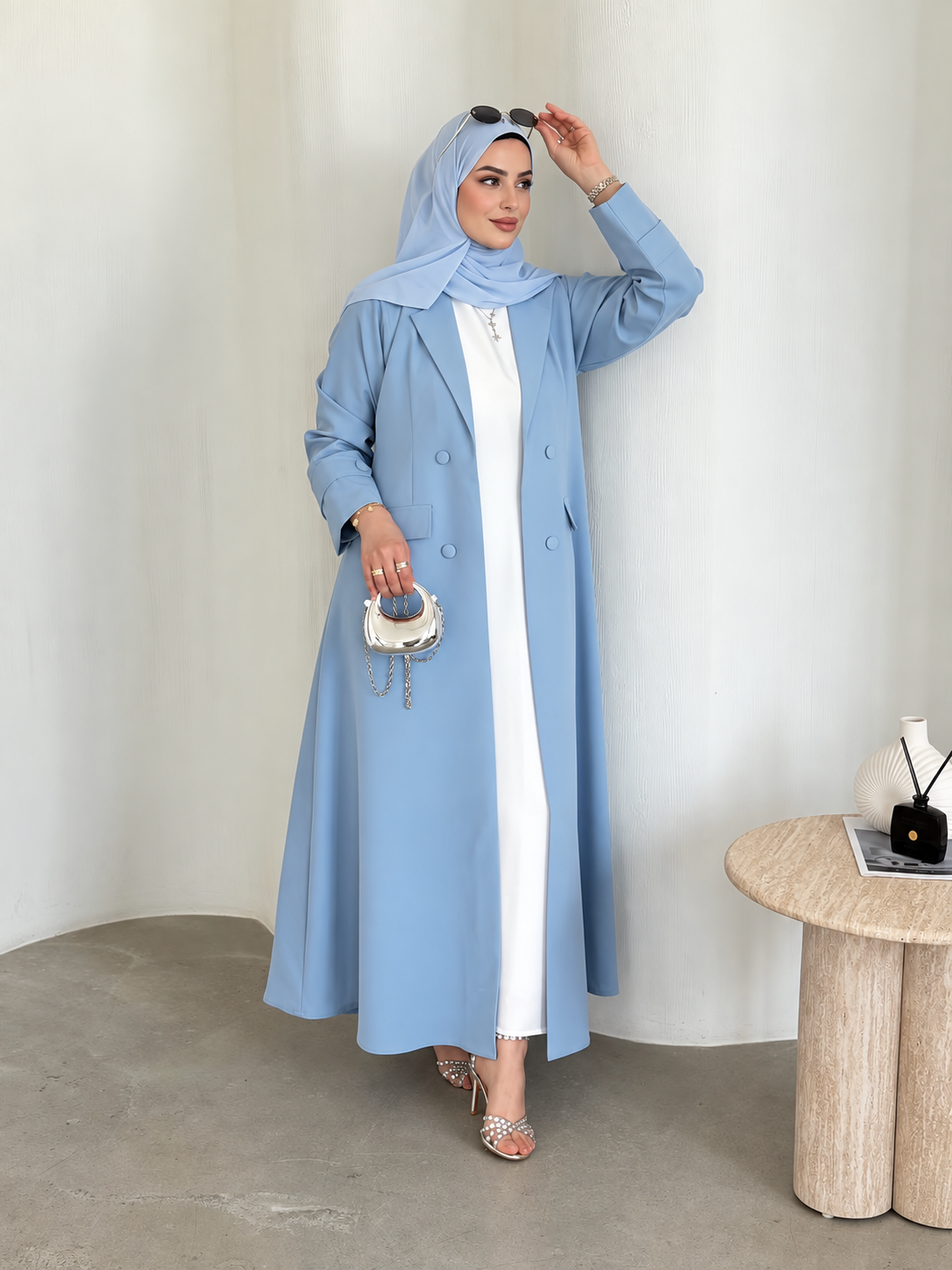 Powder Blue Crepe Abaya Set - 0926165