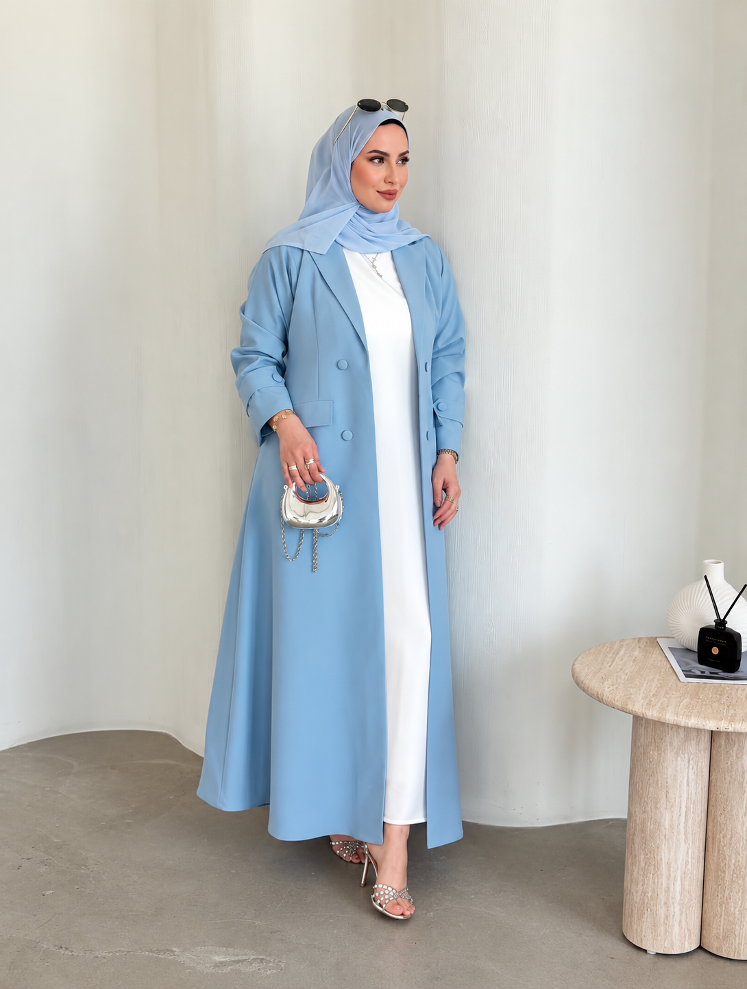 Powder Blue Crepe Abaya Set - 0926165