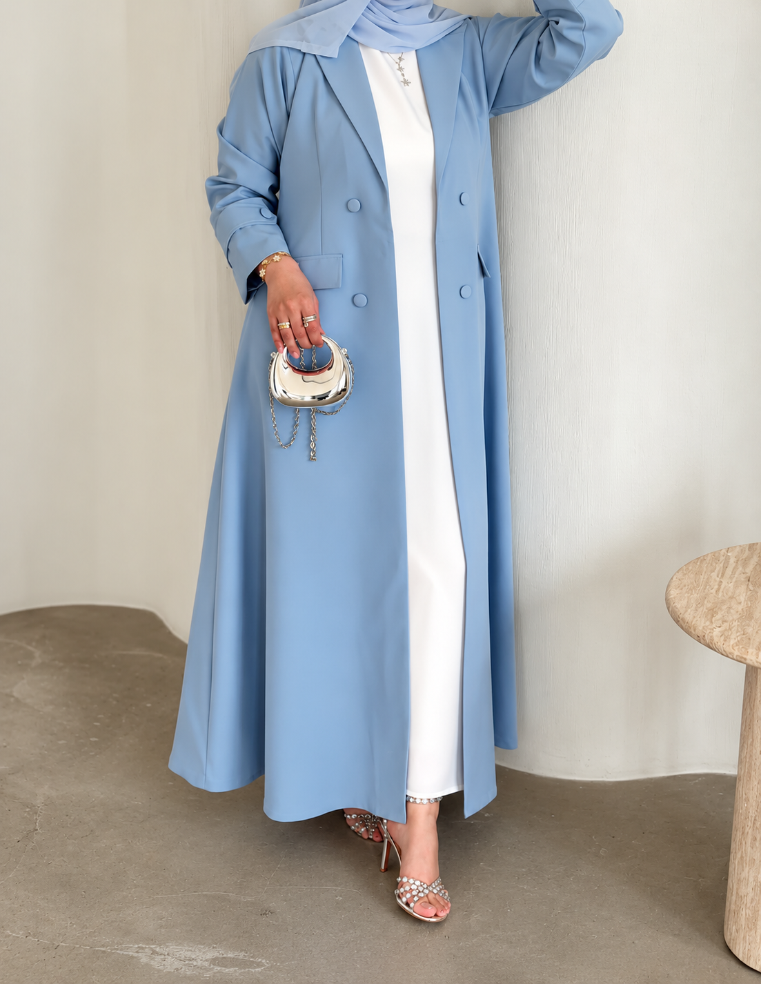 Powder Blue Crepe Abaya Set - 0926165
