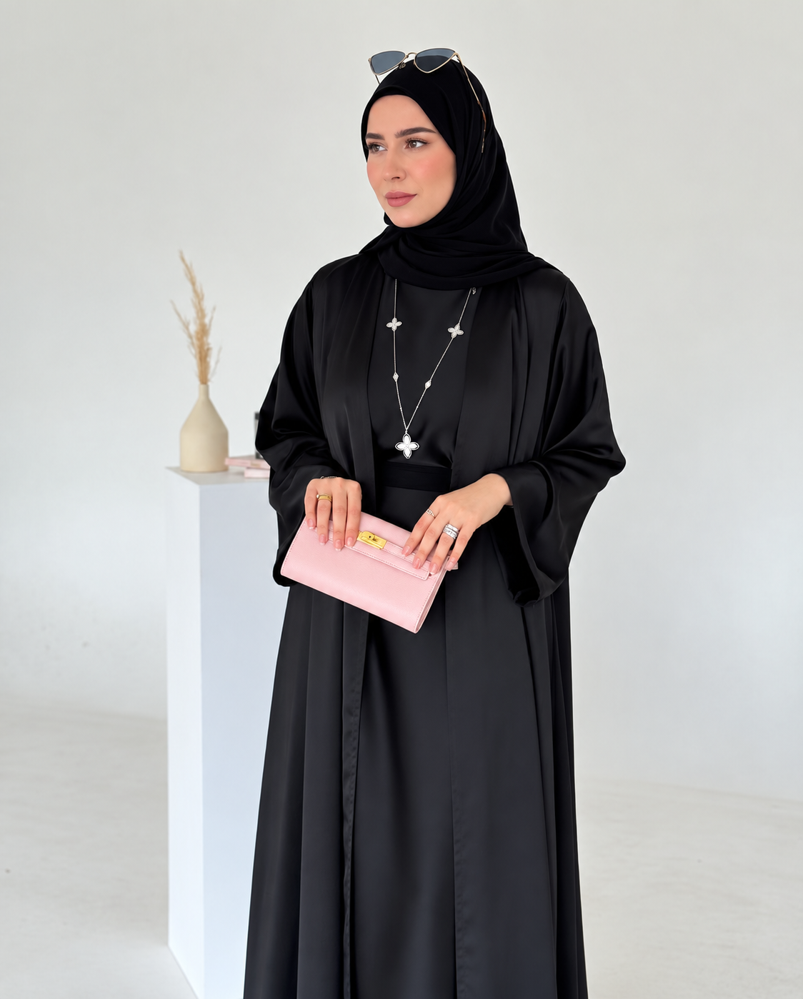 Black Satin Armani Silk Abaya Set with Inner & Sheila - 0926166