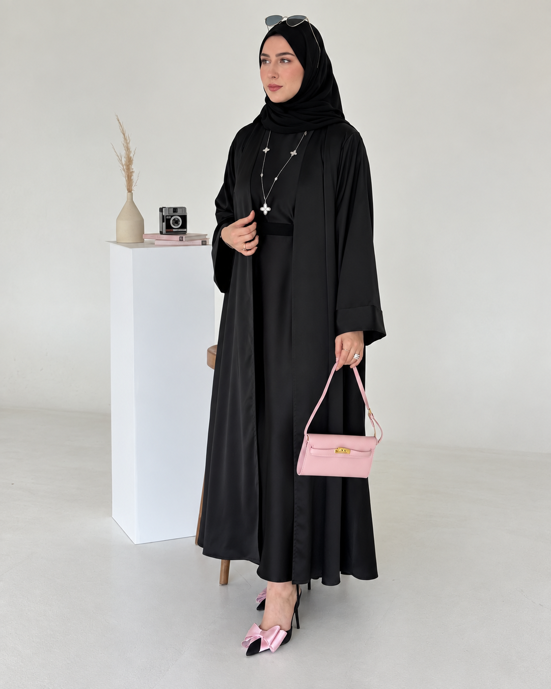 Black Satin Armani Silk Abaya Set with Inner & Sheila - 0926166