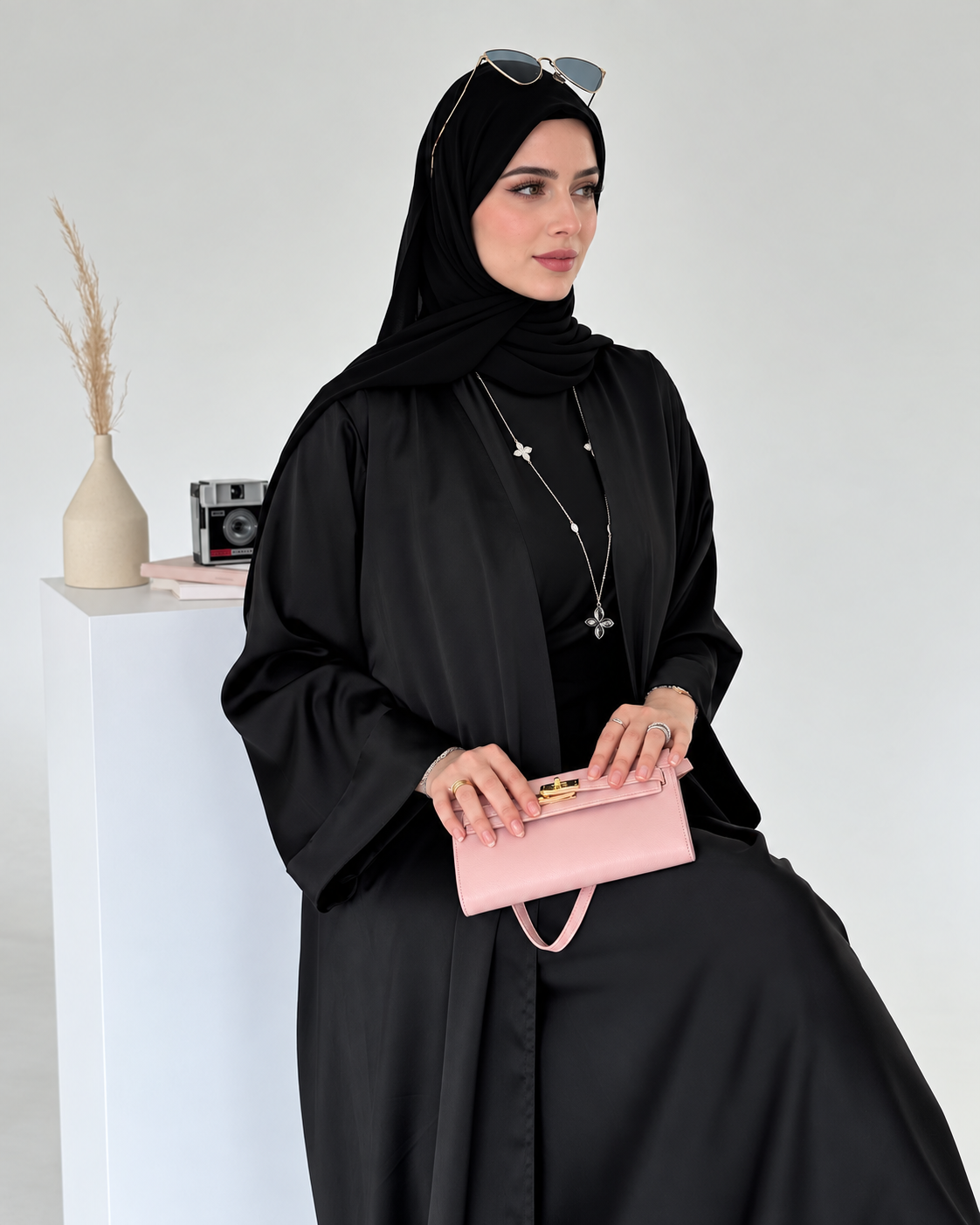Black Satin Armani Silk Abaya Set with Inner & Sheila - 0926166