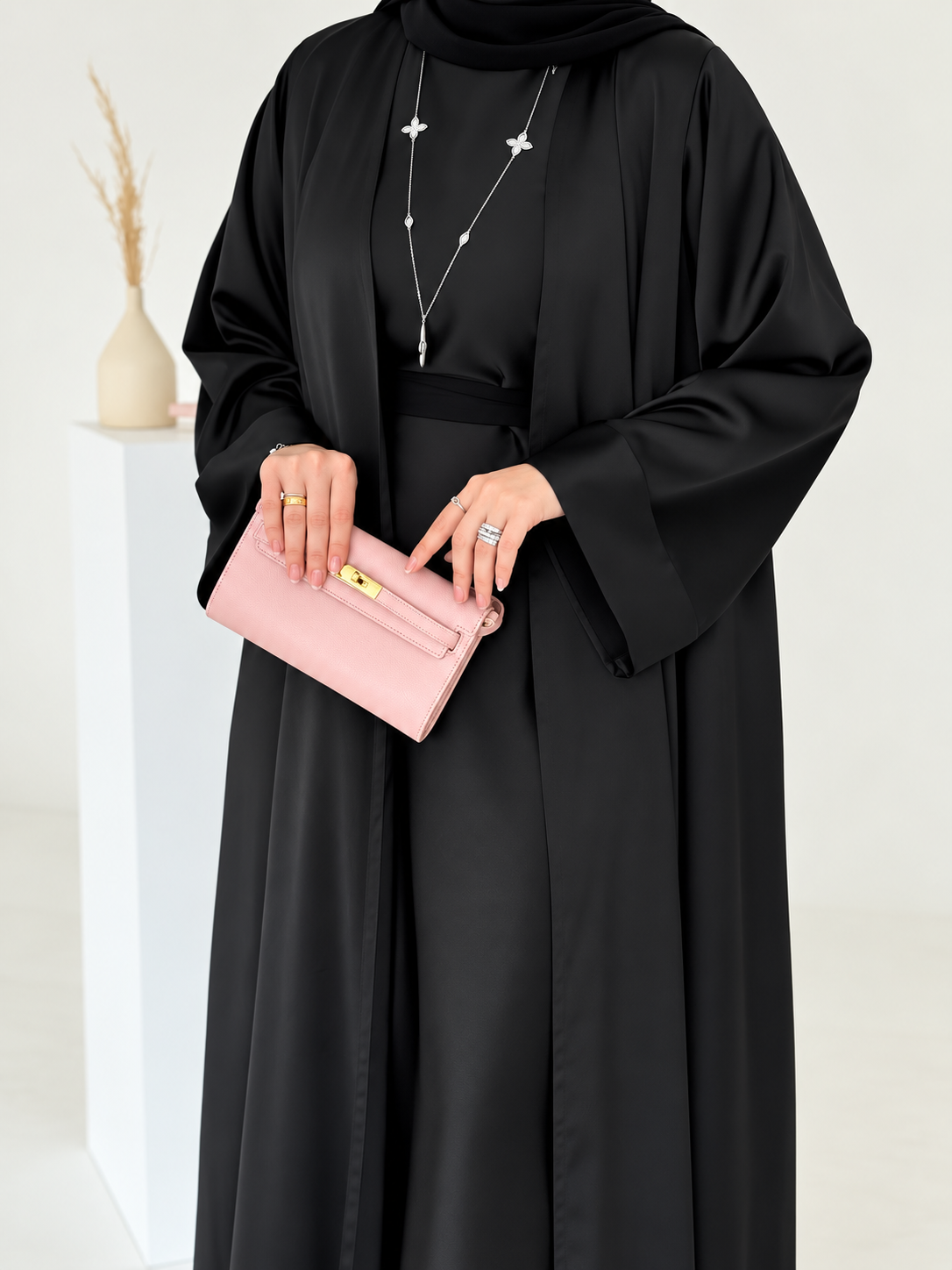 Black Satin Armani Silk Abaya Set with Inner & Sheila - 0926166