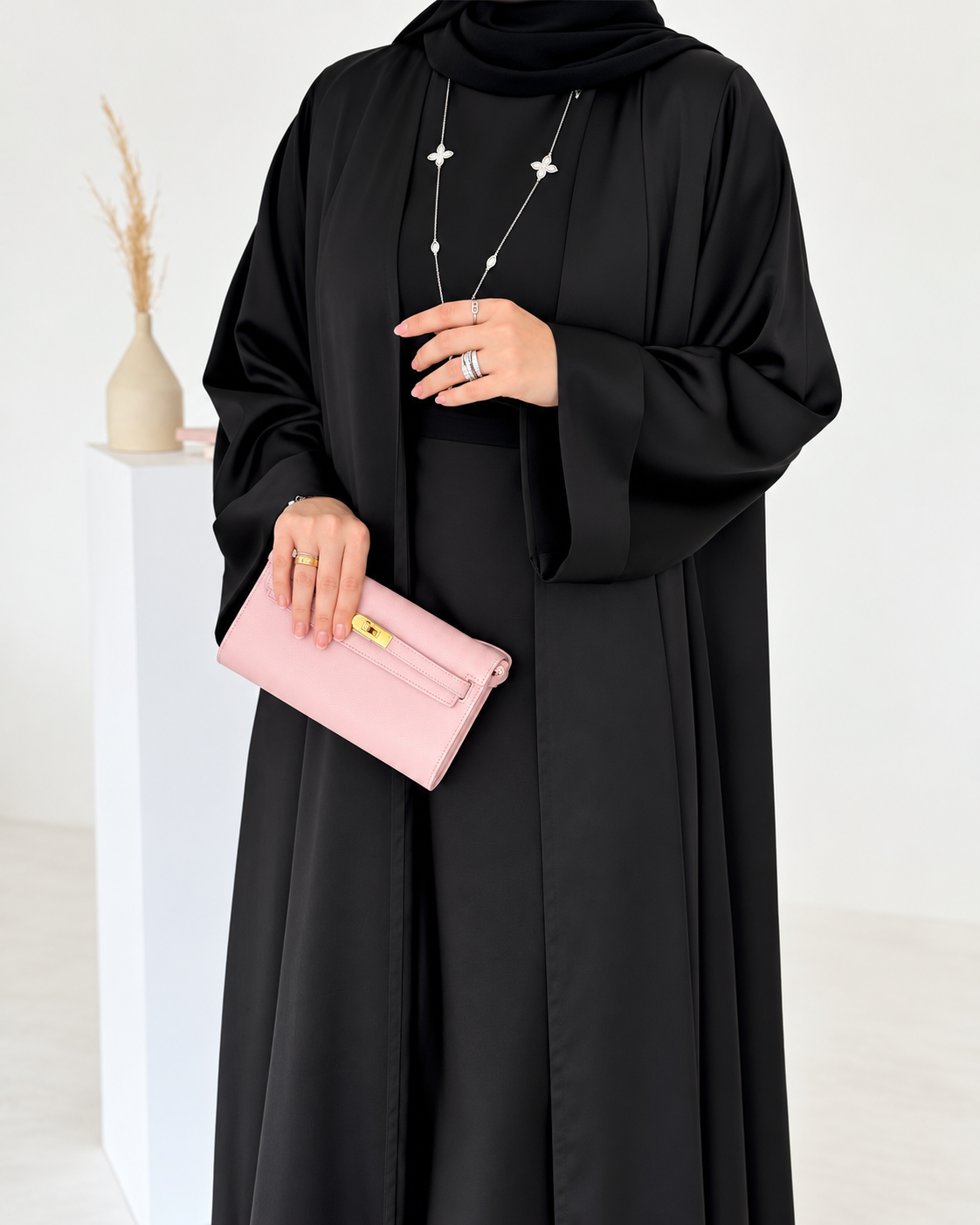 Black Satin Armani Silk Abaya Set with Inner & Sheila - 0926166